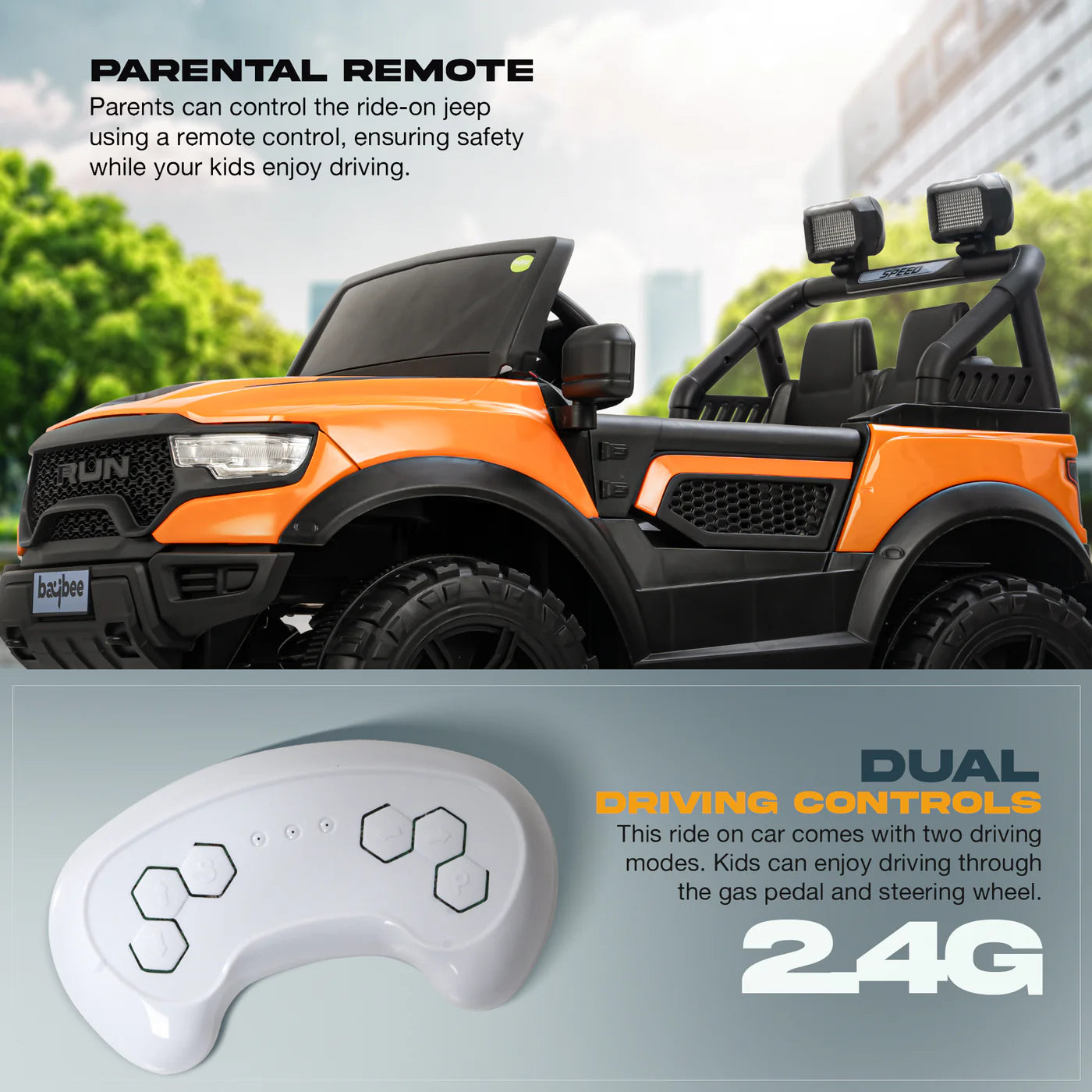 Baybee Run 2X2 Kids Battery Operated Jeep for Kids - Orange