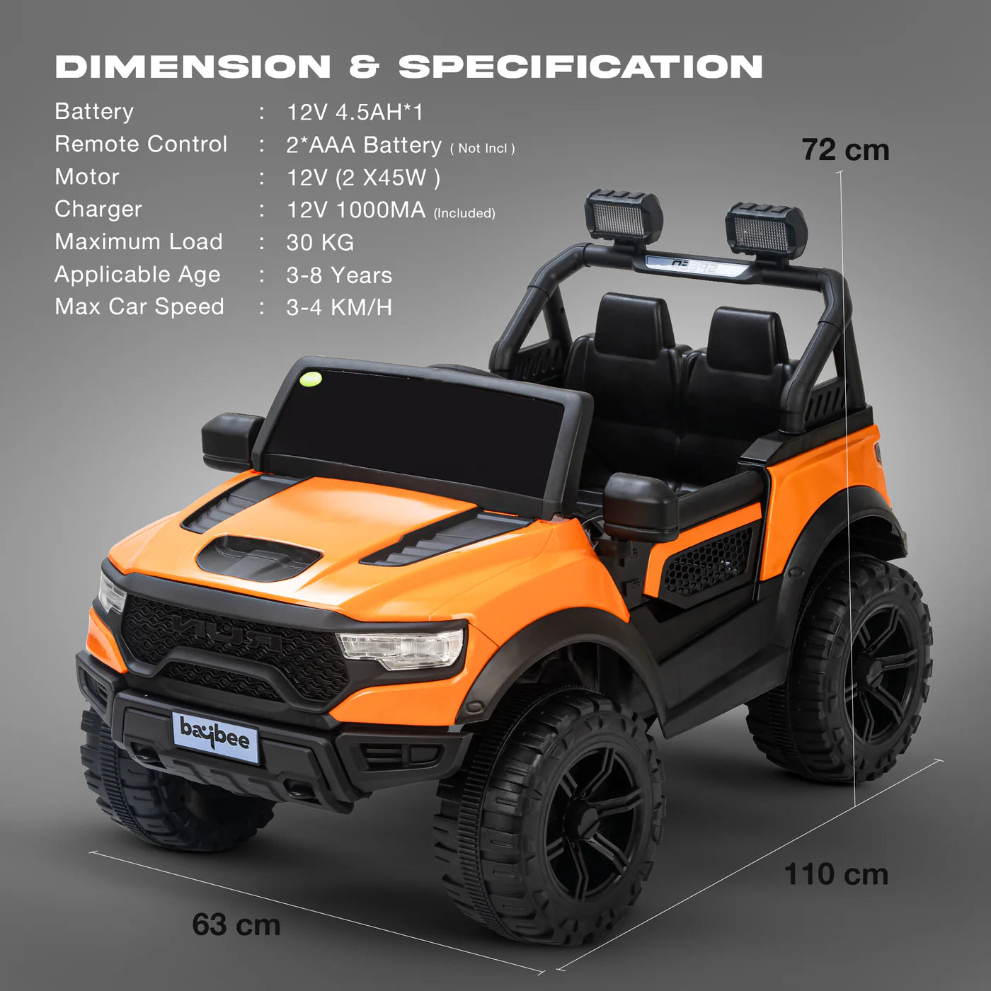 Baybee Run 2X2 Kids Battery Operated Jeep for Kids - Orange