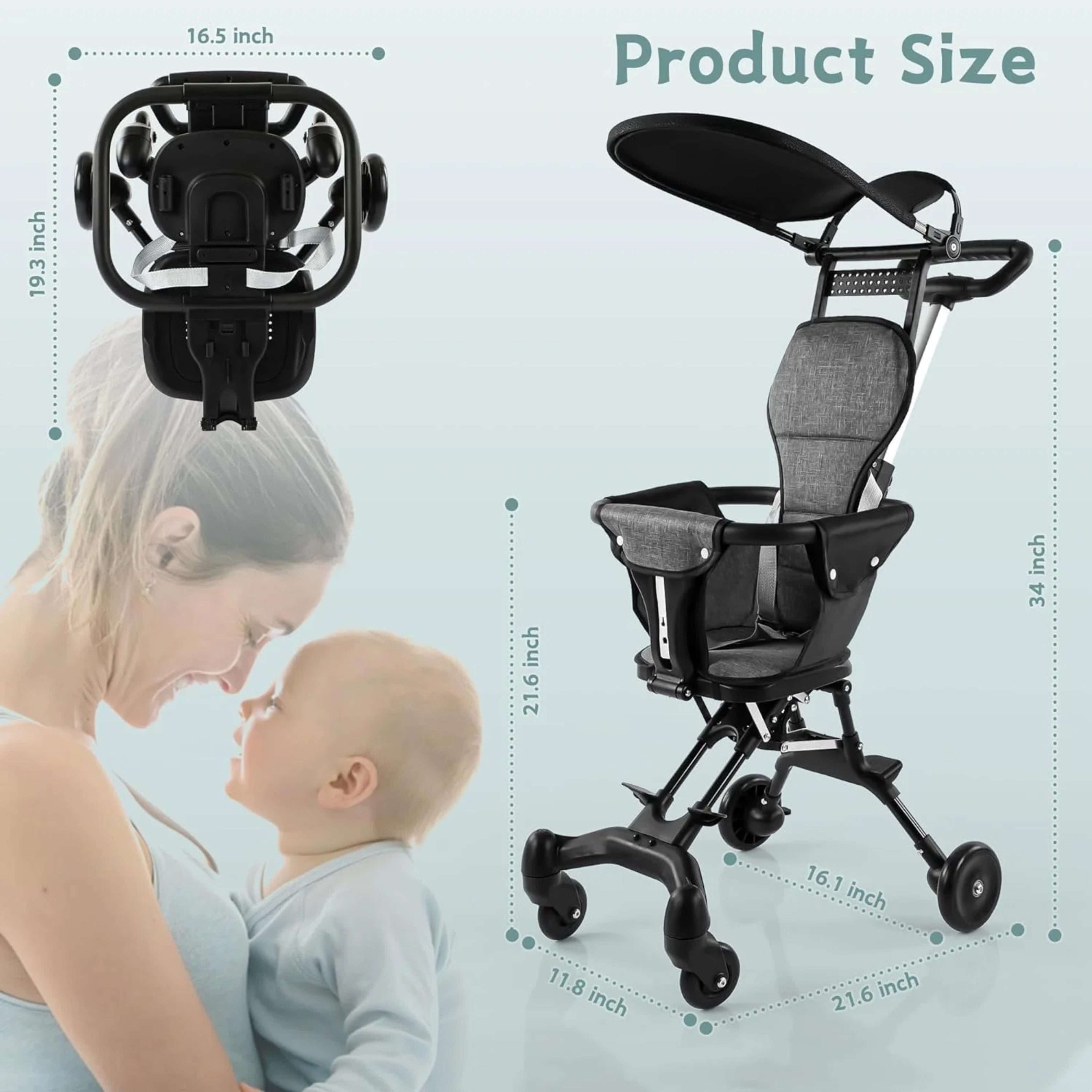 Apple Baby Lightweight Foldable Baby Stroller, Easy to Fold for Travel and Outdoor Use, with Sunshade and 360° Rotating Seat, Adjustable Handle, Soft Wheel, No Assembly Required