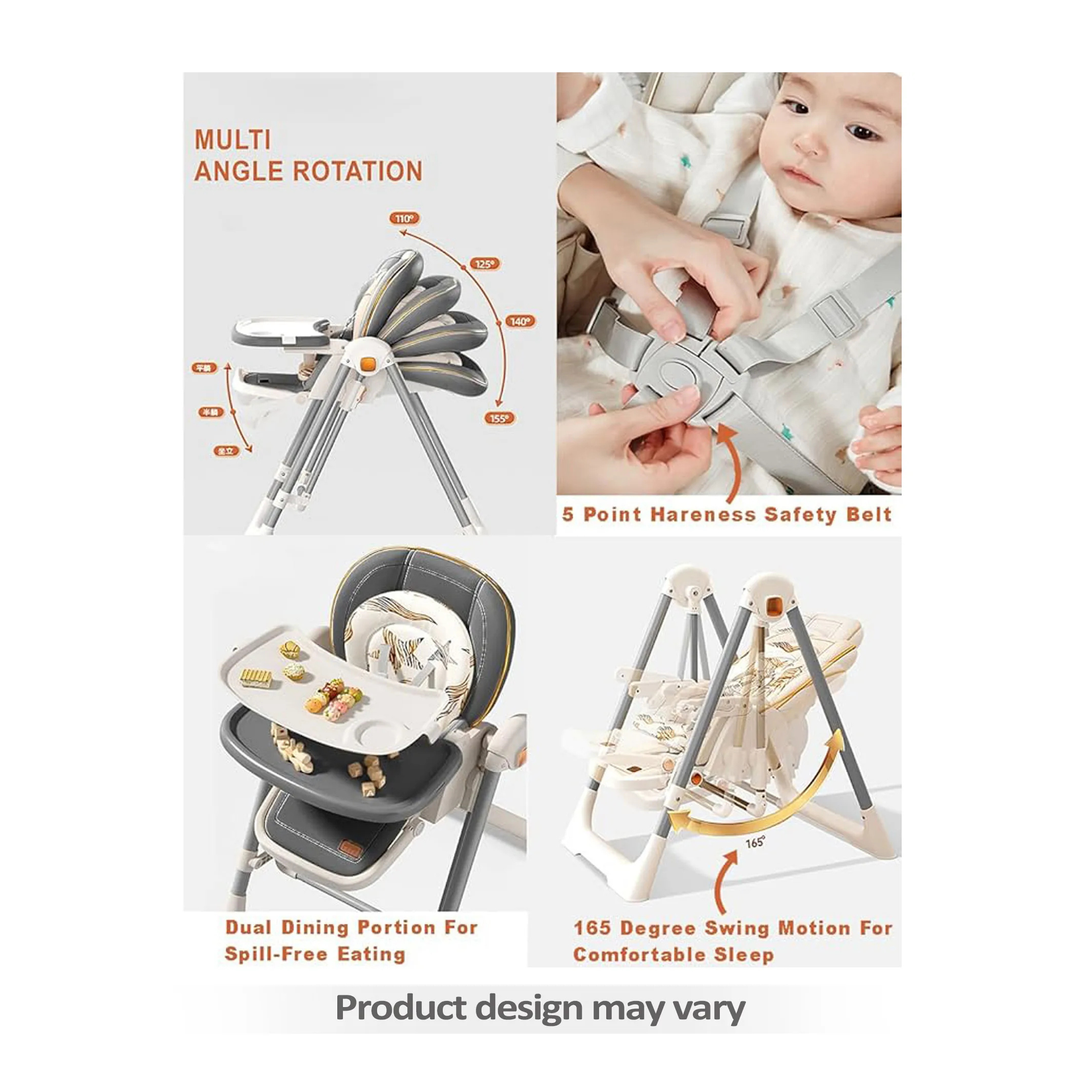 Apple Baby Smart 3-in-1 High Chair with Swing for Baby, Adjustable Height, Dual Tray, Reclinable Backrest & Footrest Feeding Chair for 6 Months - 5 Years Kids - Grey