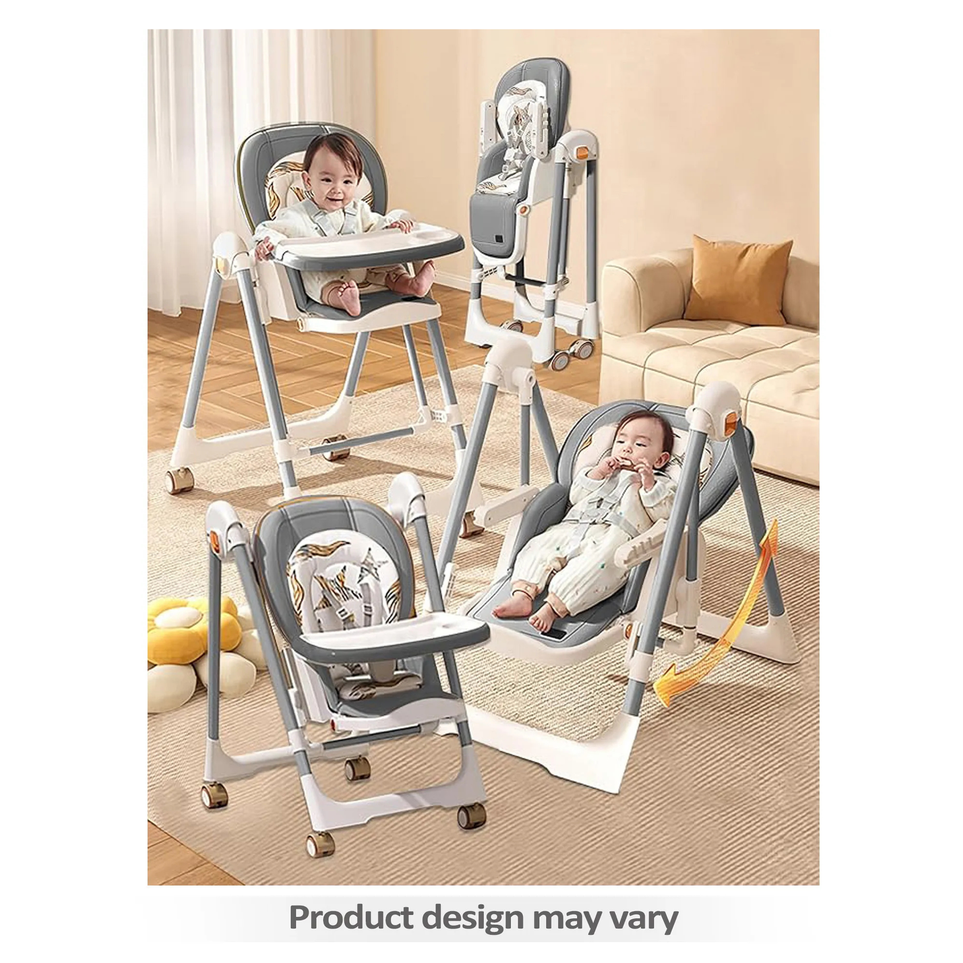Apple Baby Smart 3-in-1 High Chair with Swing for Baby, Adjustable Height, Dual Tray, Reclinable Backrest & Footrest Feeding Chair for 6 Months - 5 Years Kids - Grey