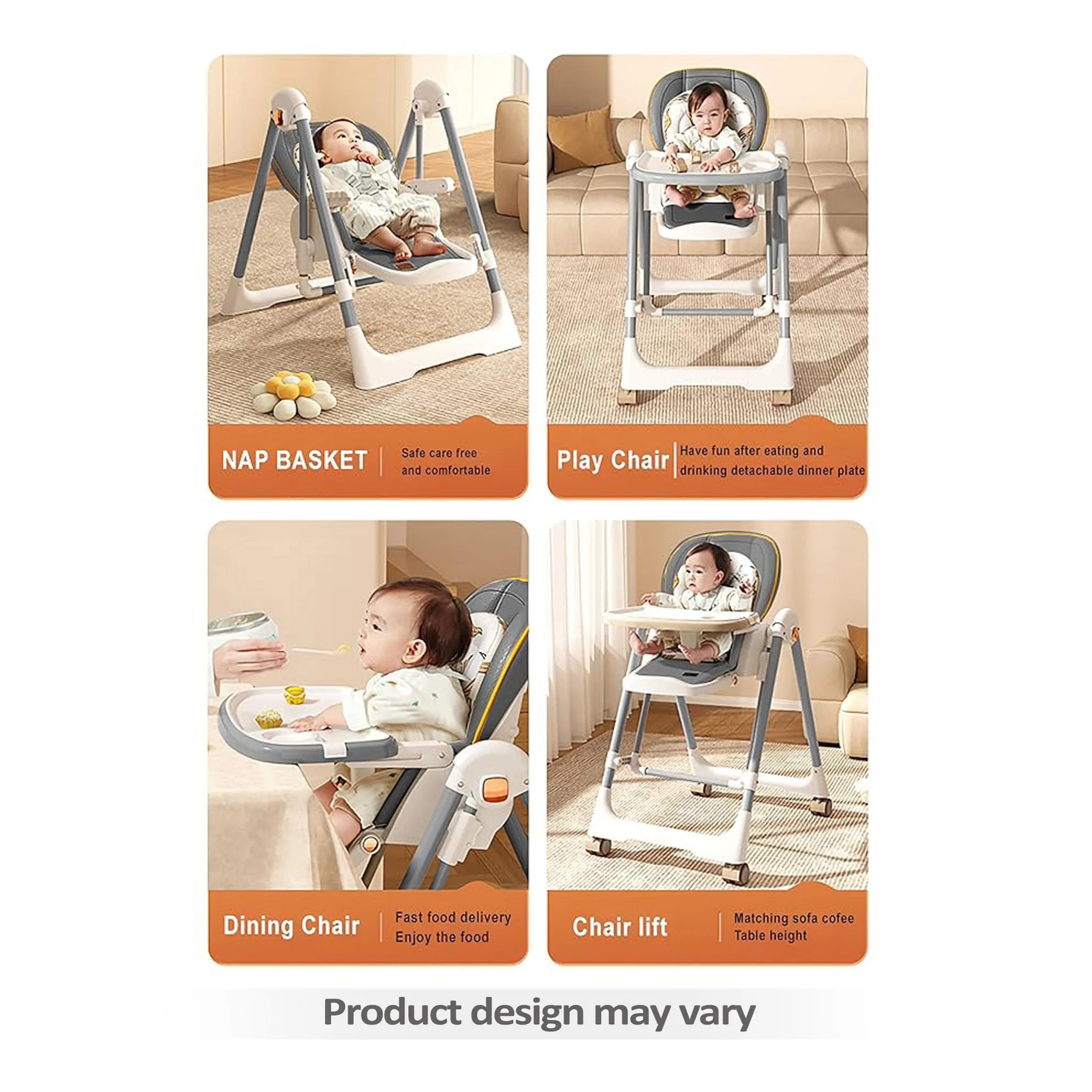 Apple Baby Smart 3-in-1 High Chair with Swing for Baby, Adjustable Height, Dual Tray, Reclinable Backrest & Footrest Feeding Chair for 6 Months - 5 Years Kids - Grey