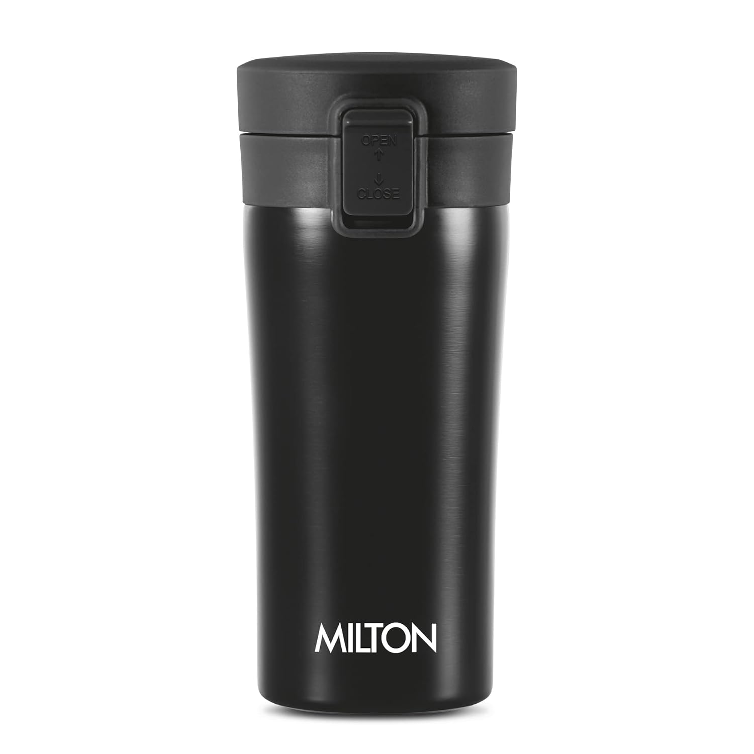 MILTON Thermosteel Vacuum Insulated Travel Coffee Mug, 350ml, Black, Prolonged Hours Hot & Cold, ISI Certified, Spill Proof & Easy to Sip, Leakproof & Rustproof, On The Go Coffee Cup, Coffee Mug
