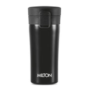MILTON Thermosteel Vacuum Insulated Travel Coffee Mug, 350ml, Black, Prolonged Hours Hot & Cold, ISI Certified, Spill Proof & Easy to Sip, Leakproof & Rustproof, On The Go Coffee Cup, Coffee Mug