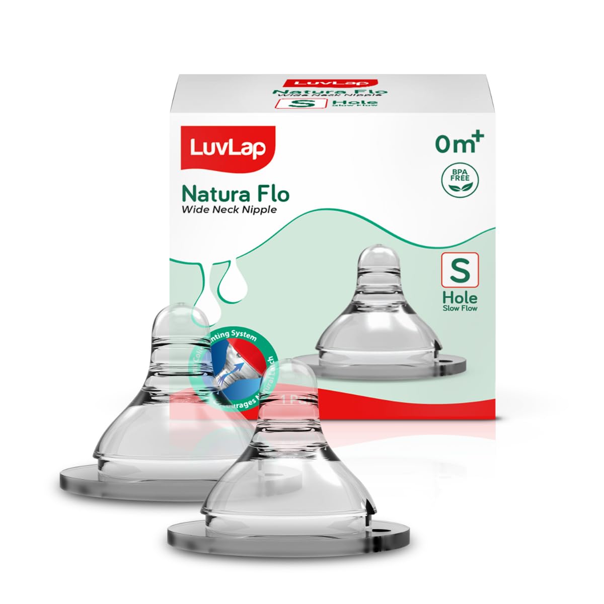 LuvLap Natural Flo Wide Neck Nipple | S Hole Slow Flow | BPA FREE | Anti Colic Venting System | 0M+ (1 pair)
