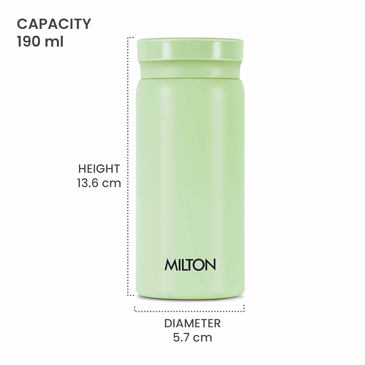 Milton Minimate 200 Thermosteel Insulated Water Bottle, 190 ml, 24 Hr Hot and Cold | Leak Proof Lid, ISI Certified I Vacuum Insulated | for Office, Gym, School | Light Green