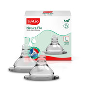 LuvLap Natura Flo Wide Neck Nipple | L Hole Fast Flow | Anti Colic Venting System | BPA FREE | 6M+ (1 Pair)