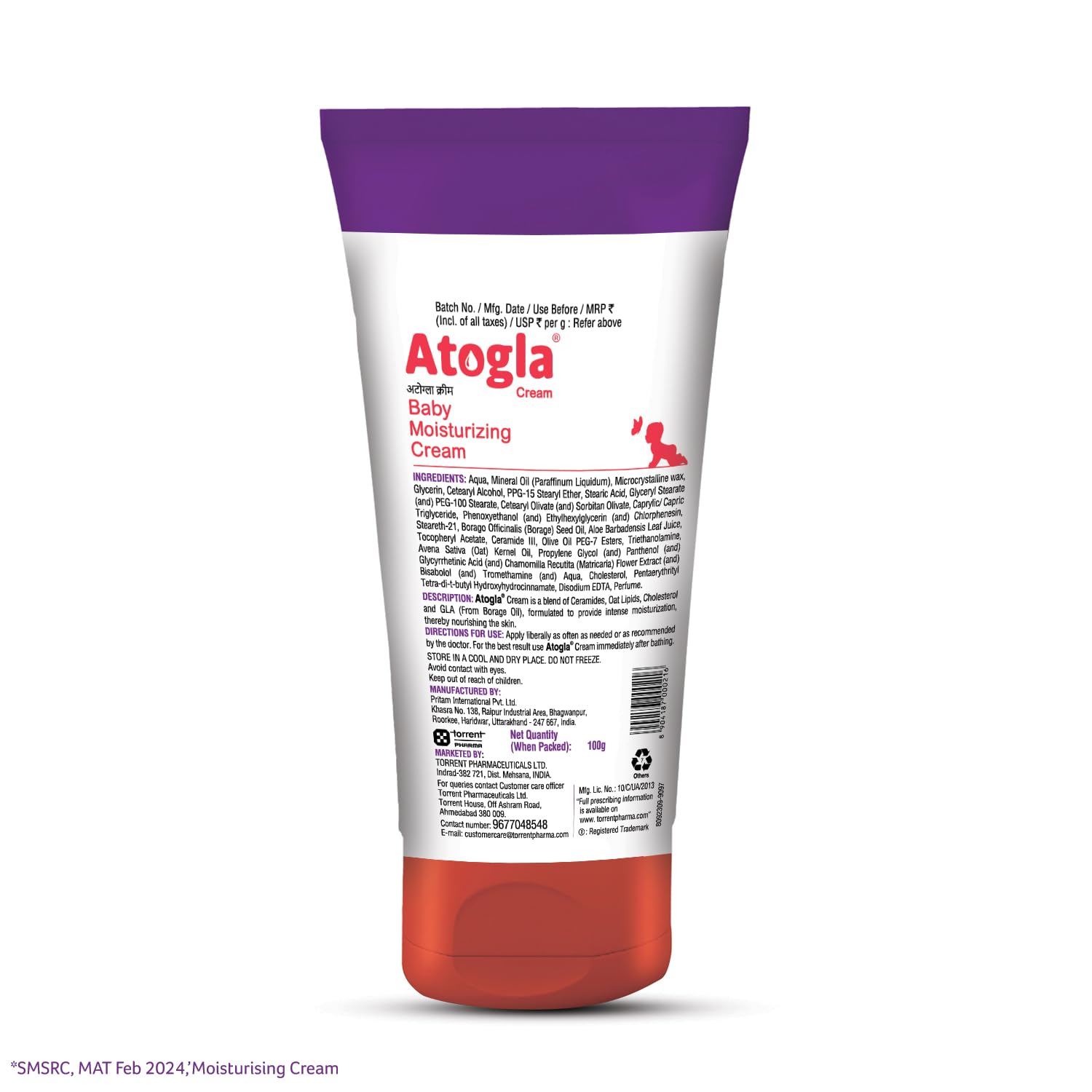 TediBar Atogla Baby Moisturizing Cream | Dermatologically Tested | Ceramides & Oat Lipids | Paraben Free - 100g