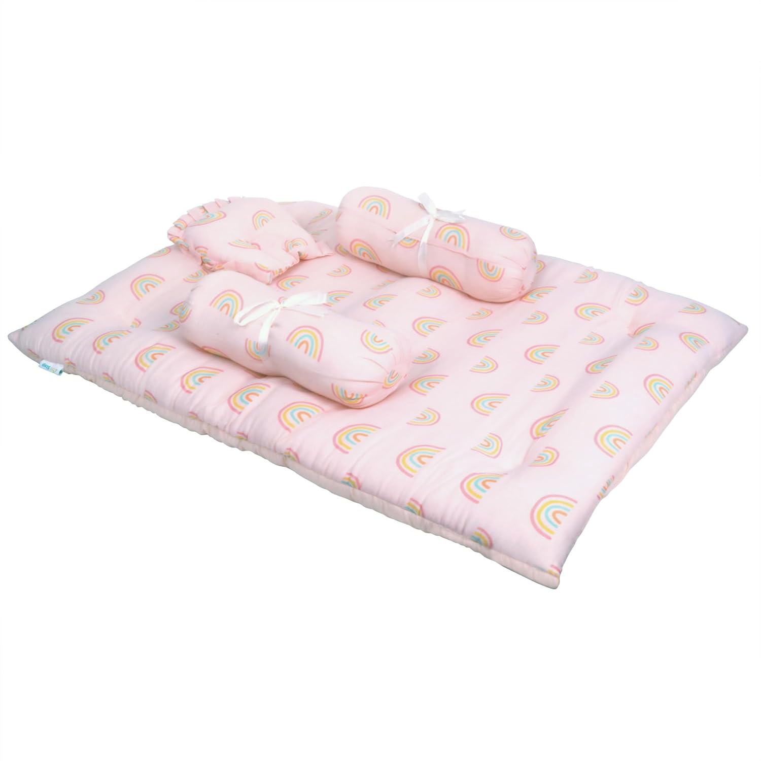 1ST STEP 100% Muslin Cotton Thick New Born Baby Bedding Mattress/Gadda Bed Set for Babies with 2 Side Bolster & Head Pillow (Orange)