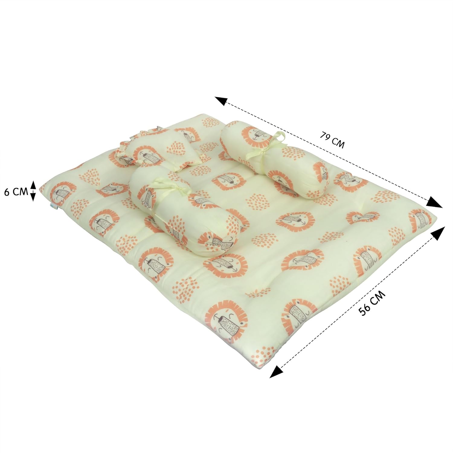 1ST STEP 100% Muslin Cotton Thick New Born Baby Bedding Mattress/Gadda Bed Set for Babies with 2 Side Bolster & Head Pillow (Yellow Lion)