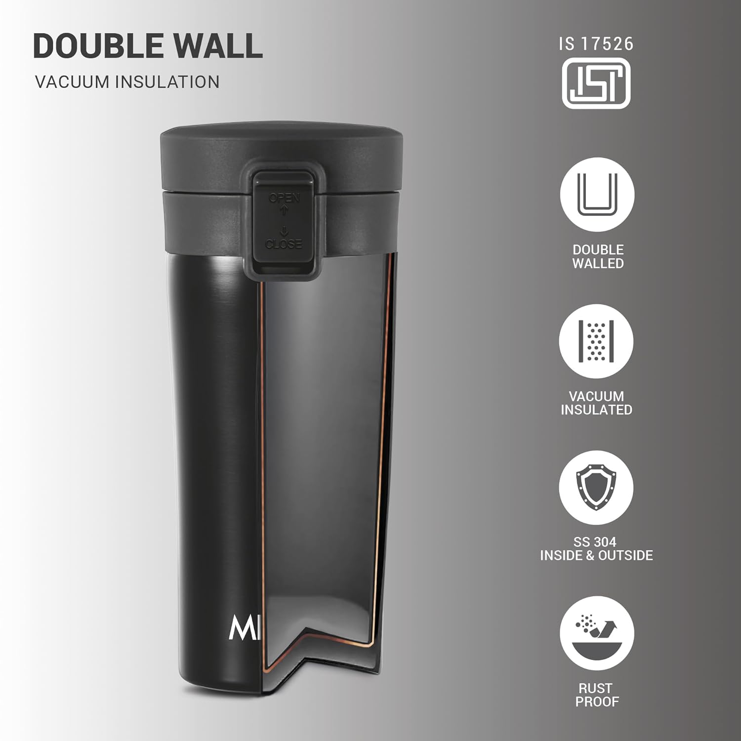 MILTON Thermosteel Vacuum Insulated Travel Coffee Mug, 350ml, Black, Prolonged Hours Hot & Cold, ISI Certified, Spill Proof & Easy to Sip, Leakproof & Rustproof, On The Go Coffee Cup, Coffee Mug