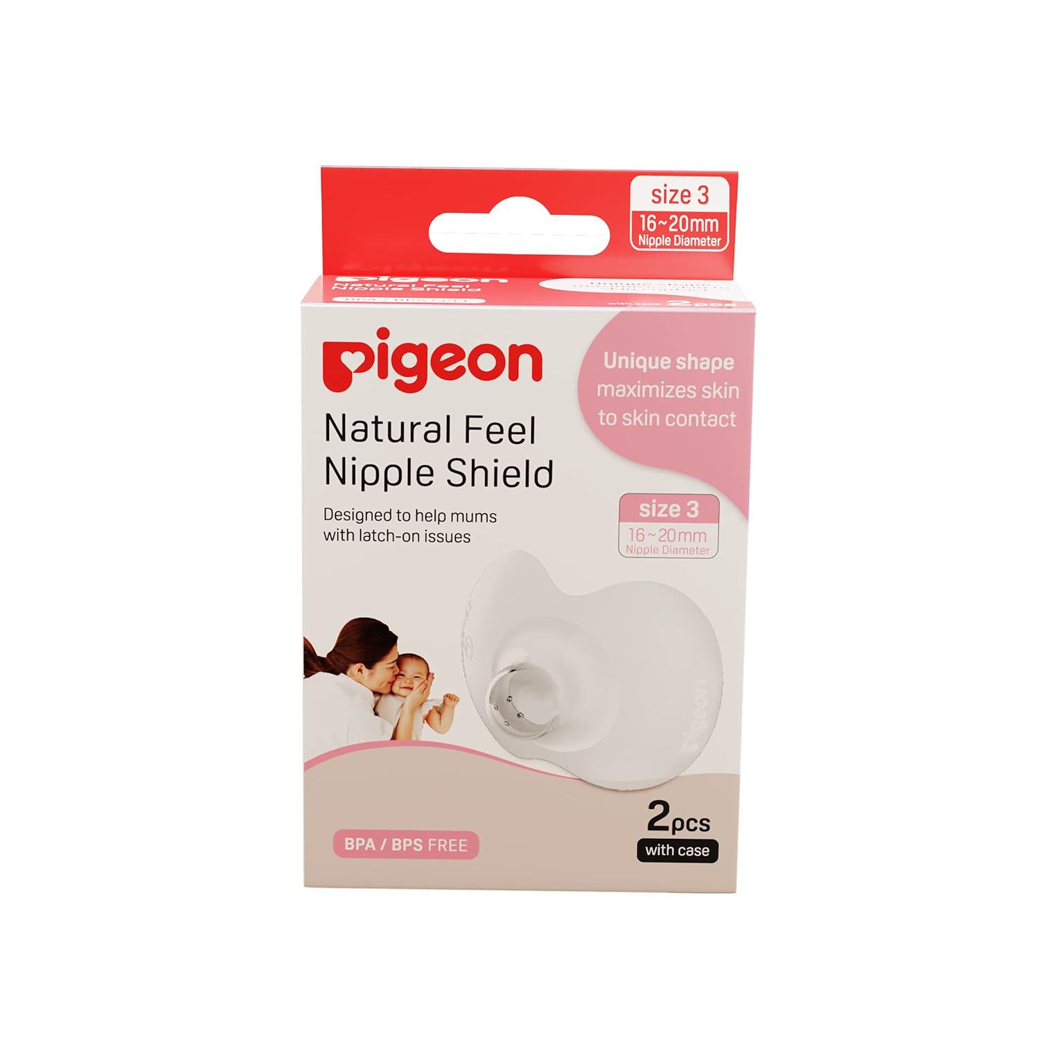 Pigeon Natural Feel Nipple Shield | Unique Shape Maximizes Skin To Skin Contact | Size 3 Below 16 - 20mm Nipple Diameter | BPA/BPS FREE - 2pc with case