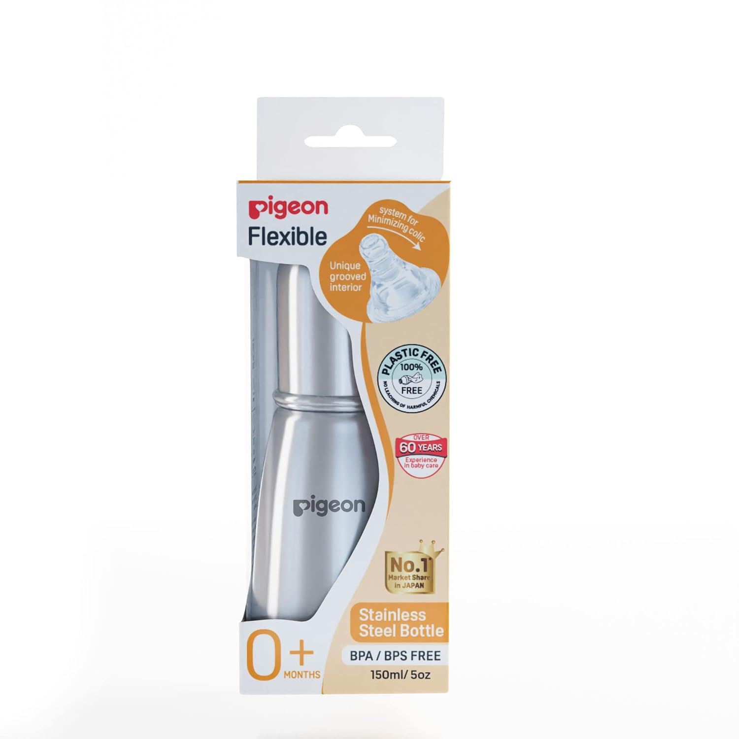 Pigeon Stainless Steel Infant Baby Feeding Bottle, BPA Free, Anti-Colic, Plastic-Free, Medium-Flow Nipple Slim Neck Steel Feeding Bottle 150ml-S Size