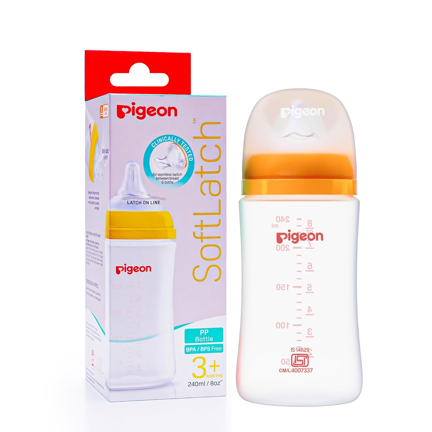 Pigeon Soft Latch PP Bottle for seamless switch between breast & bottle |  BPA/BPS Free (240ml/8oz) - 3M+