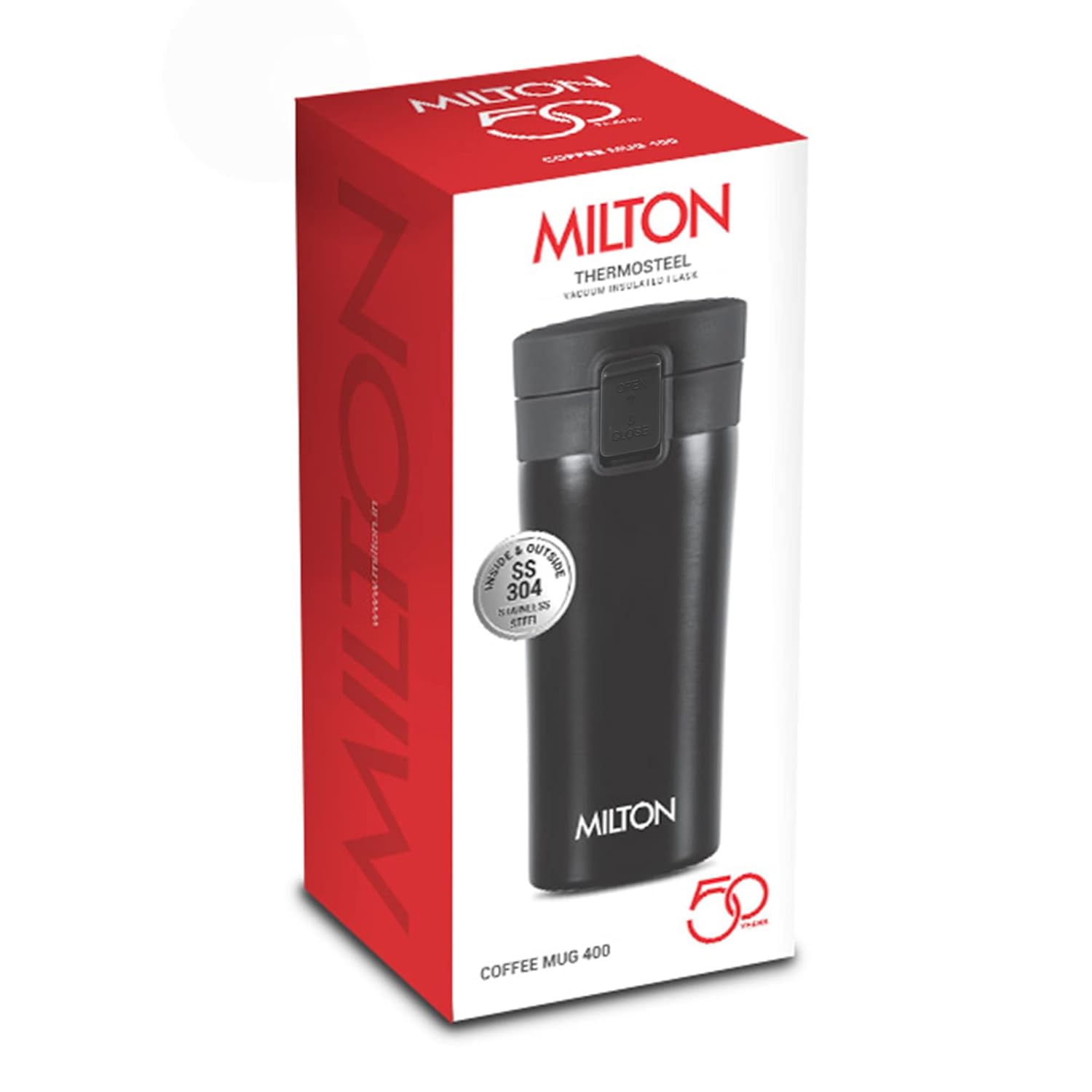 MILTON Thermosteel Vacuum Insulated Travel Coffee Mug, 350ml, Black, Prolonged Hours Hot & Cold, ISI Certified, Spill Proof & Easy to Sip, Leakproof & Rustproof, On The Go Coffee Cup, Coffee Mug
