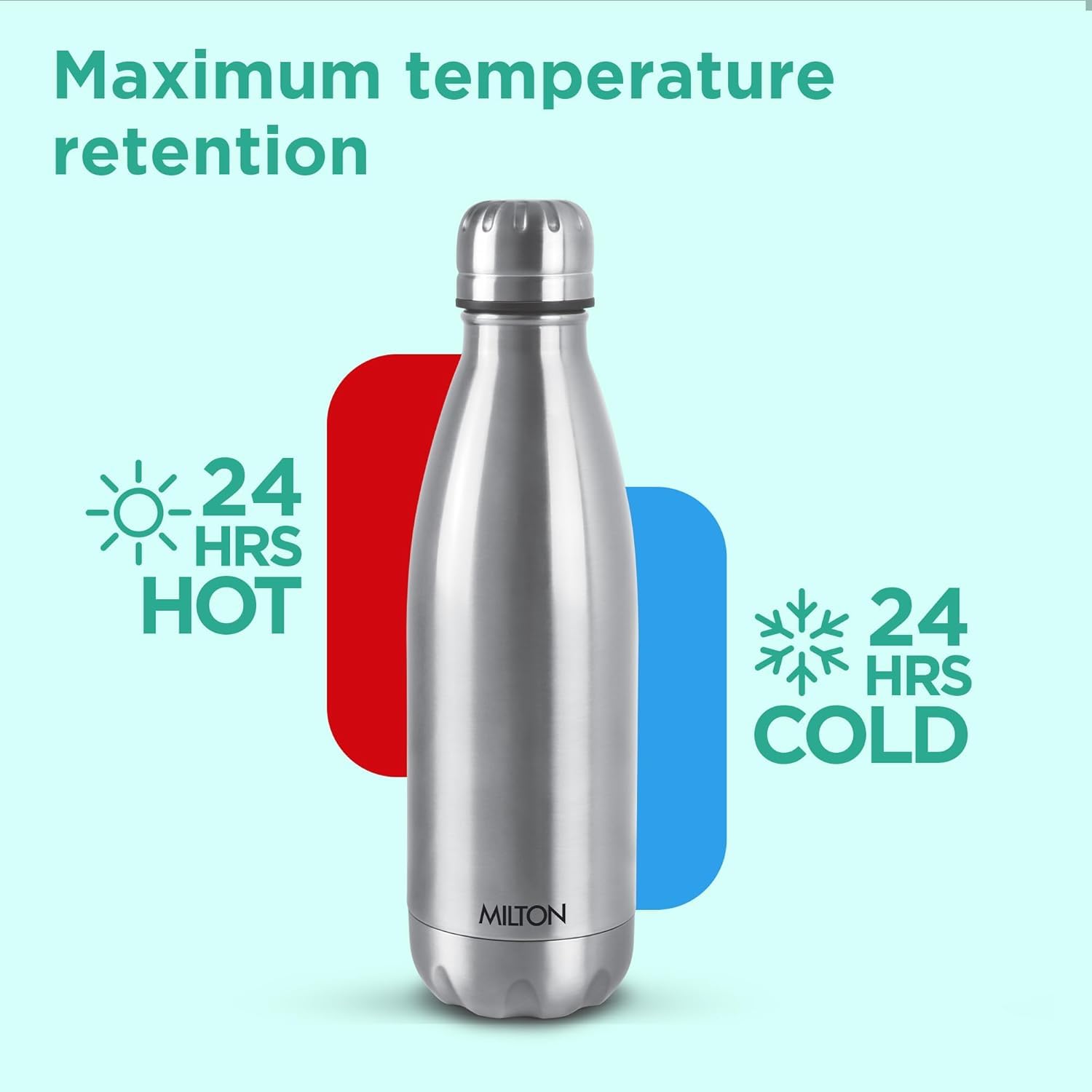 Milton Duo DLX 500 Thermosteel Water Bottle 500 ml, 24 Hr Hot and Cold I Leak Proof Lid, ISI Certified I Vacuum Insulated I for Office, Gym, School I Silver