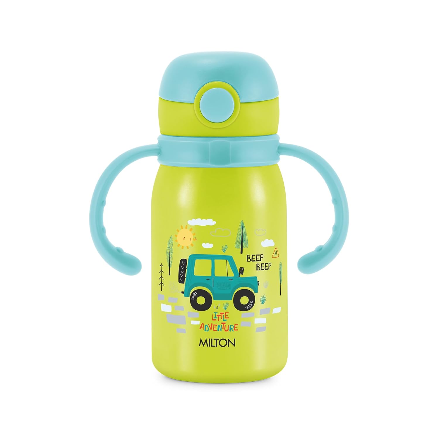 MILTON Fountain 450 ISI Certified Stainless Steel Water Bottle, Leak Proof, Rust Proof, Single walled,1 Yr Warranty, Ideal Sipper Water Bottle for School Kids Bottle, 455 ml, Neon Green (Car)