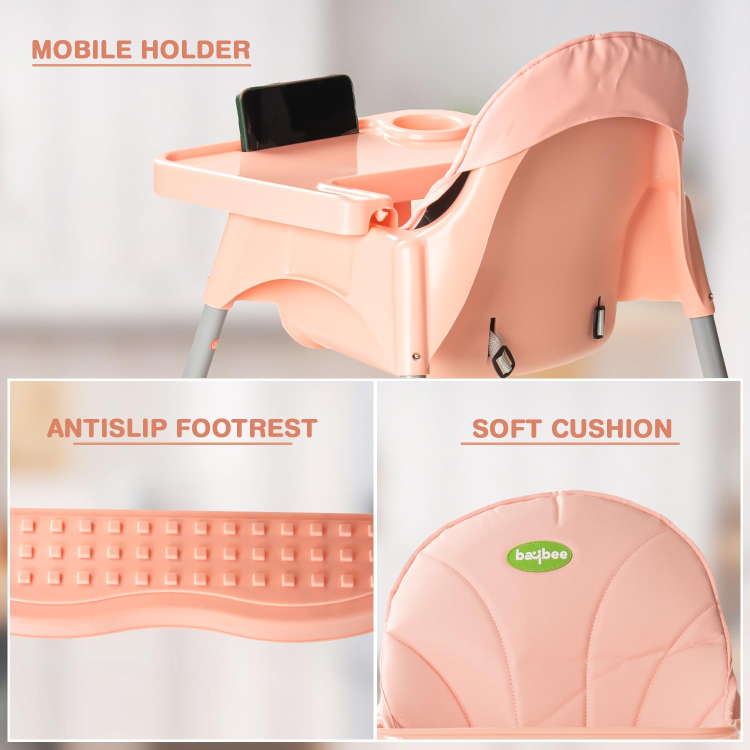 Baybee 2 in 1 Baby High Chair for Kids, Baby Feeding Chair with 2 Height Adjustable, Footrest, Tray, Mobile Stand, 3 Point Safety Belt | Kids High Chair for 6 Months to 3 Years (Pink)