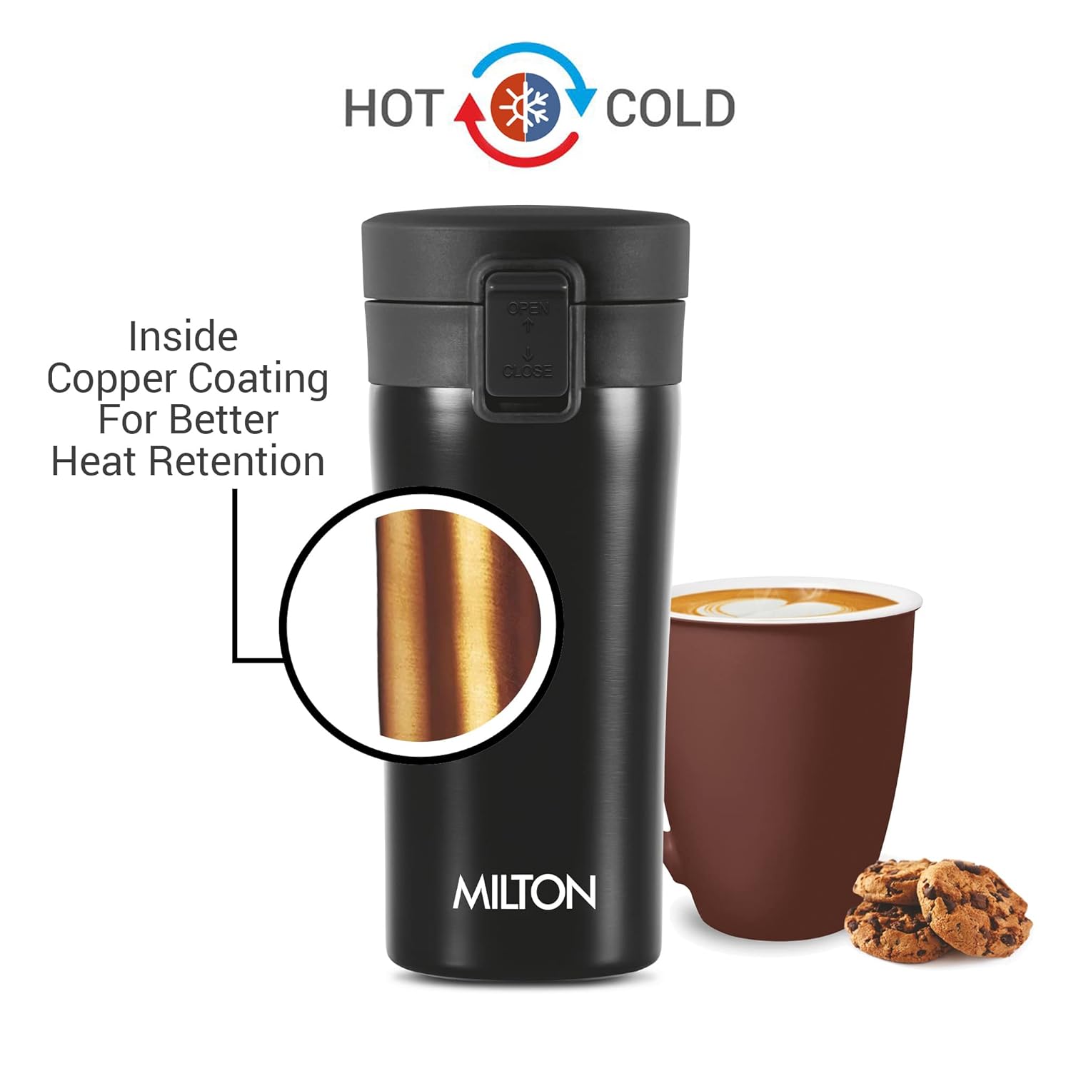 MILTON Thermosteel Vacuum Insulated Travel Coffee Mug, 350ml, Black, Prolonged Hours Hot & Cold, ISI Certified, Spill Proof & Easy to Sip, Leakproof & Rustproof, On The Go Coffee Cup, Coffee Mug