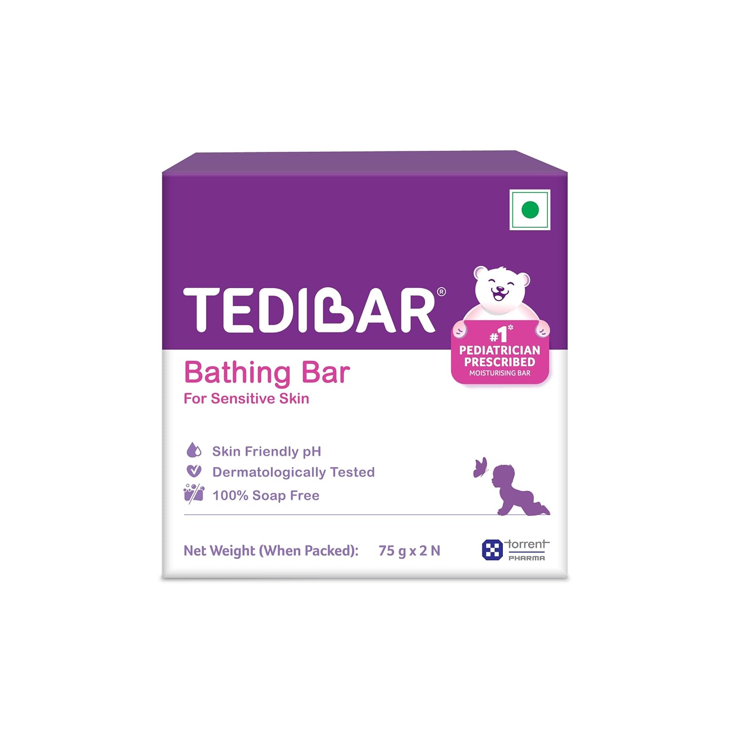 TediBar Bathing Bar for Sensitive Skin | Skin Friendly pH | Dermatologically Tested | 100% Soap Free - 75g (pack of 2)