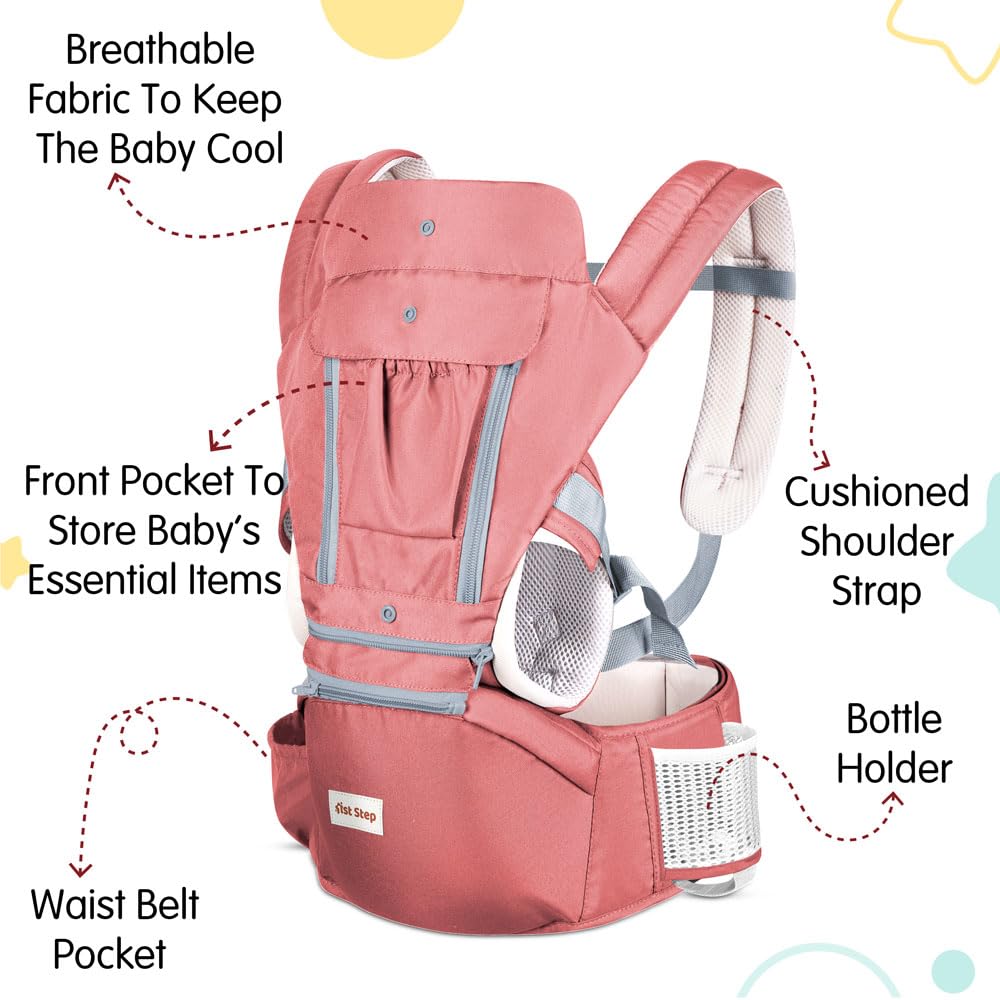 1st Step 5 in 1 Hip Seat Baby Carrier with 5 Carry Positions, Detachable Hip seat, Padded Waist Belt for 6 to 24 Months Baby, Adjustable New-Born to Toddler Carrier, Max Weight Up to 16 Kgs (Orange)