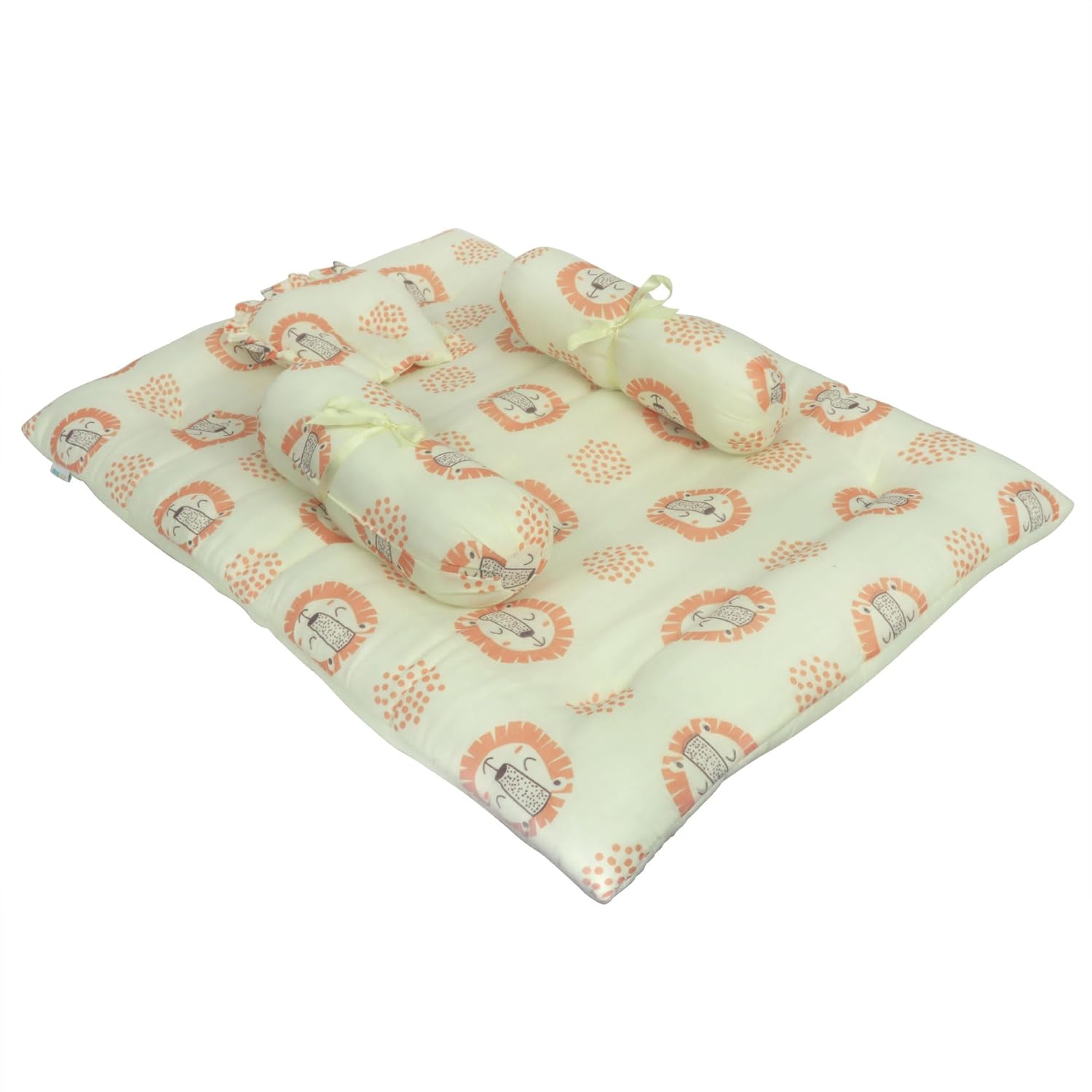 1ST STEP 100% Muslin Cotton Thick New Born Baby Bedding Mattress/Gadda Bed Set for Babies with 2 Side Bolster & Head Pillow (Yellow Lion)