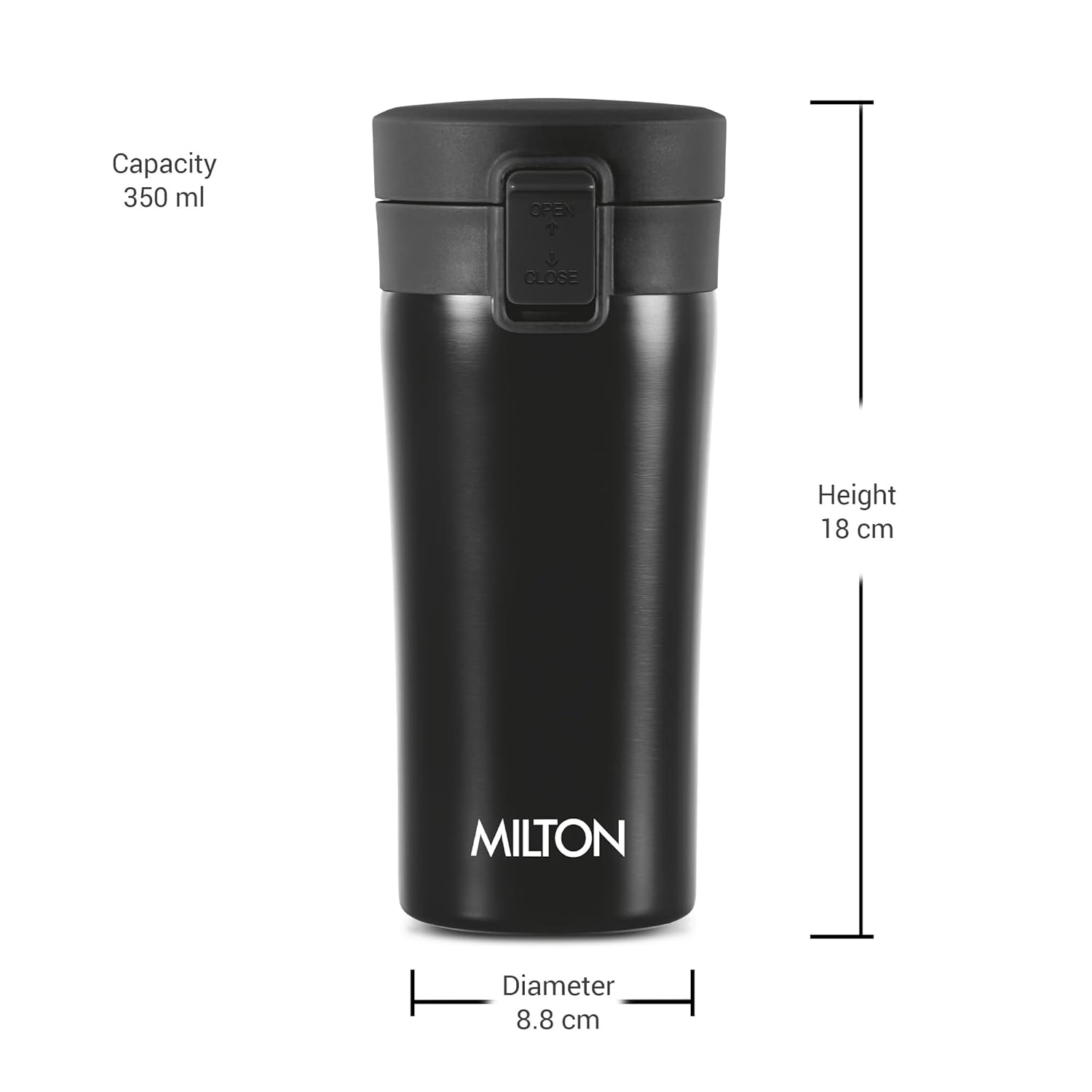 MILTON Thermosteel Vacuum Insulated Travel Coffee Mug, 350ml, Black, Prolonged Hours Hot & Cold, ISI Certified, Spill Proof & Easy to Sip, Leakproof & Rustproof, On The Go Coffee Cup, Coffee Mug