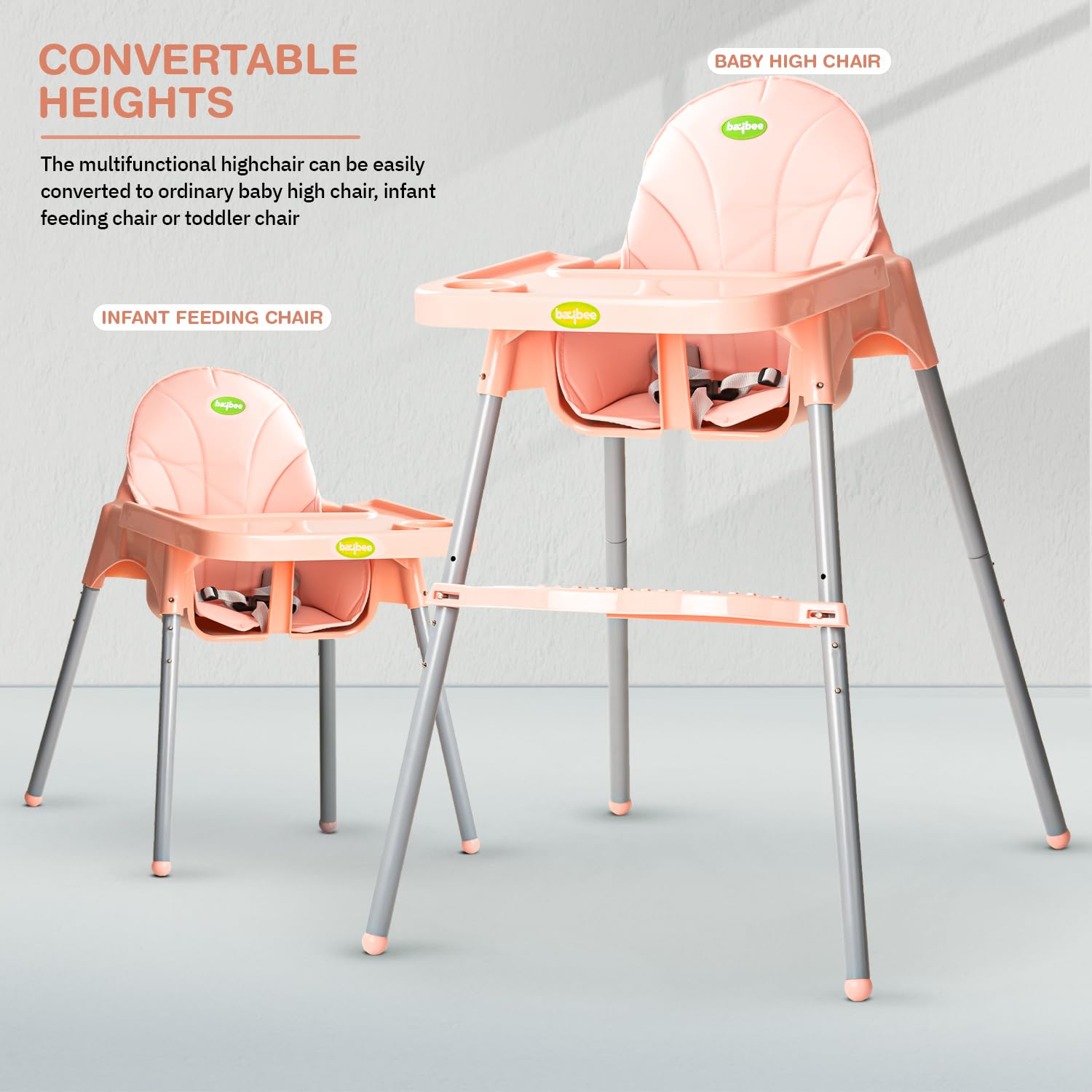 Baybee 2 in 1 Baby High Chair for Kids, Baby Feeding Chair with 2 Height Adjustable, Footrest, Tray, Mobile Stand, 3 Point Safety Belt | Kids High Chair for 6 Months to 3 Years (Pink)