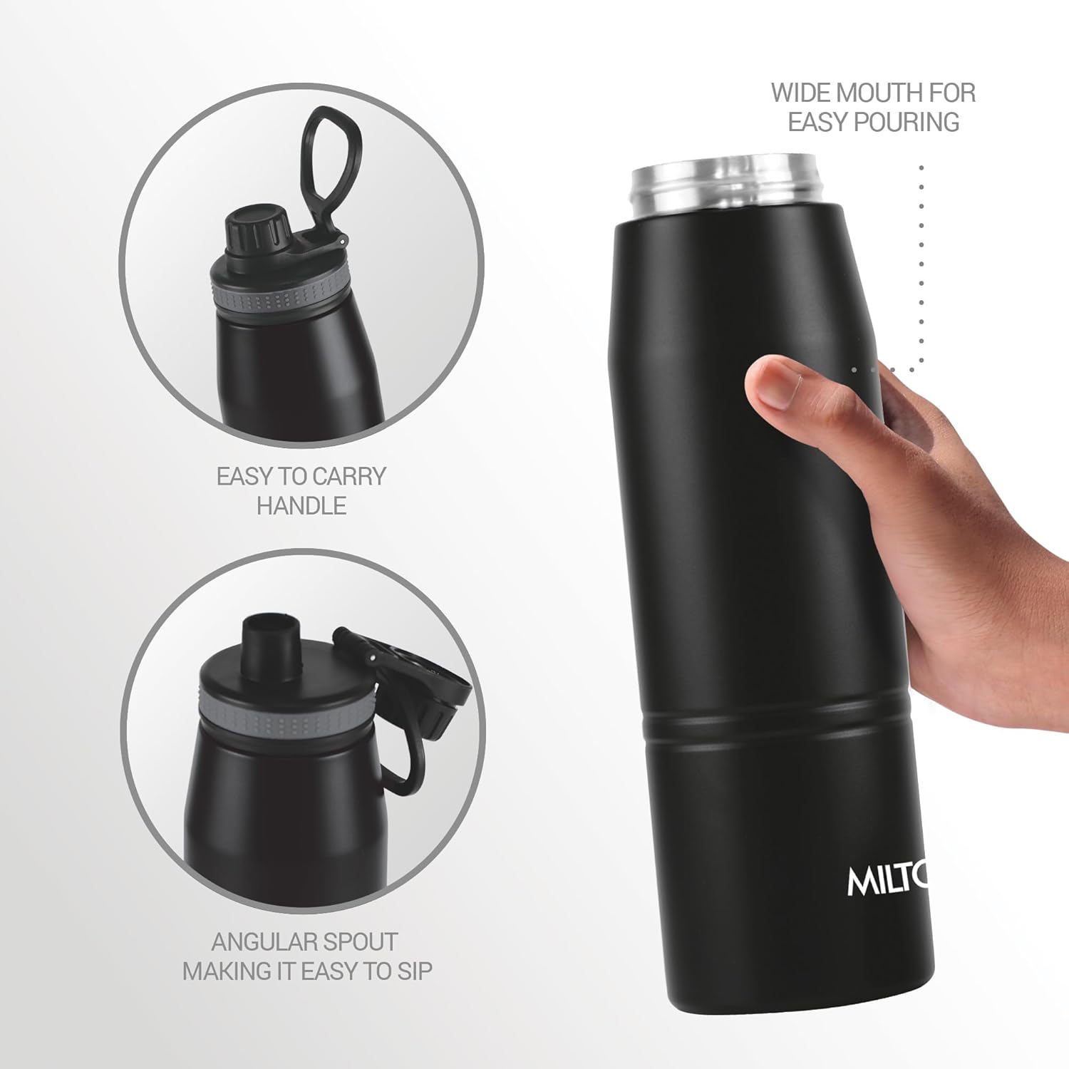 Milton Sparkle 600 Thermosteel Water Bottle with Easy Sip Cap and Handle, 625 ml, Vacuum Insulated Stainless Steel, Hot and Cold, On The Go Bottle for Office College, Black