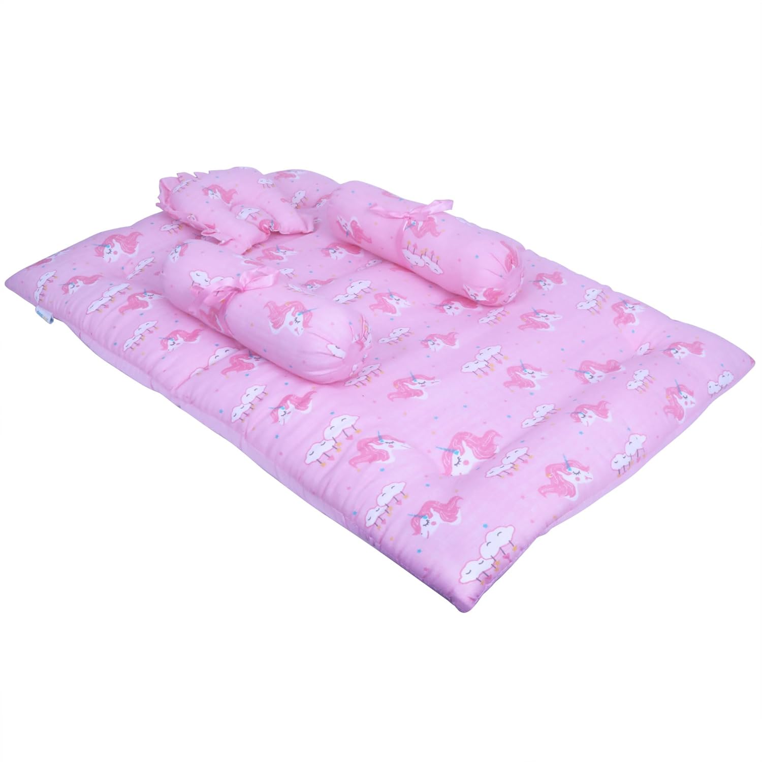 1ST STEP 100% Muslin Cotton Thick New Born Baby Bedding Mattress/Gadda Bed Set for Babies with 2 Side Bolster & Head Pillow (Pink)