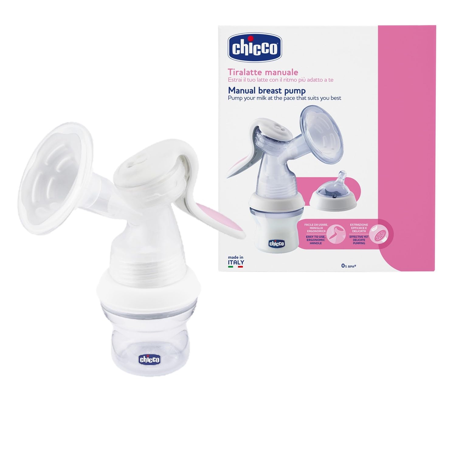 Chicco Manual Breast Pump | 0% BPA | Compatible with Natural Feeling, Well-being, Original Touch Perfect 5 Feeding Bottles.