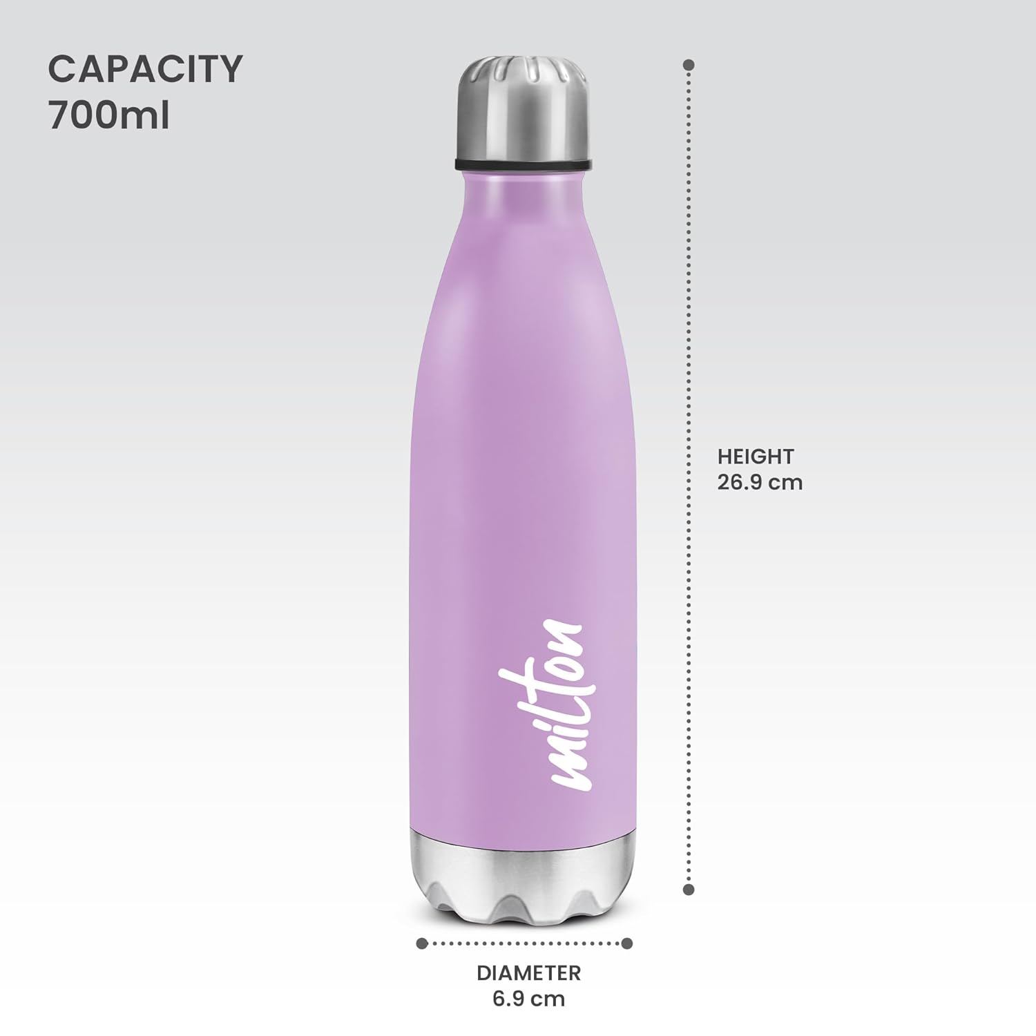 MILTON Shine 800 Stainless Steel Water Bottle 700 ml, Single Walled, ISI Certified I Leak Proof Lid, Rust Proof I For School, Office, Gym I Purple
