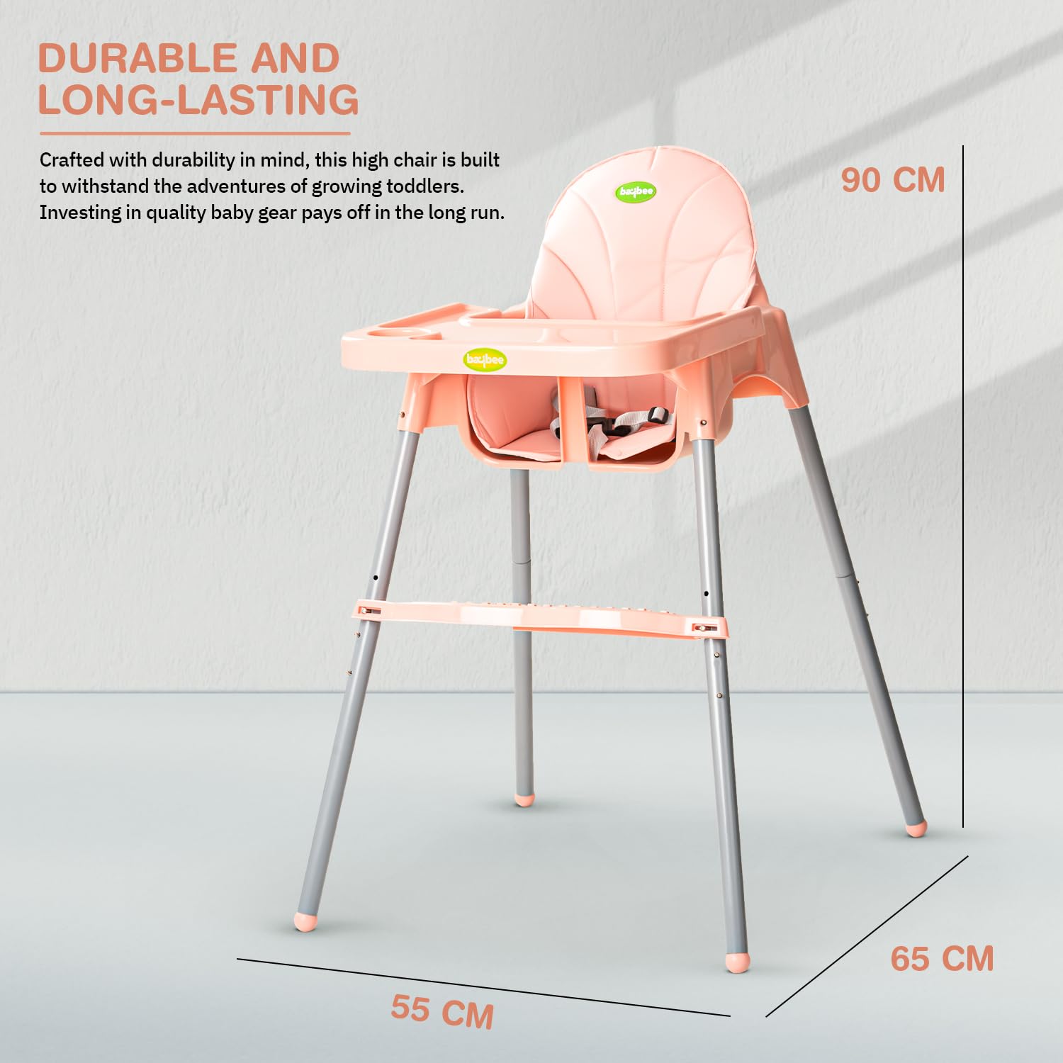 Baybee 2 in 1 Baby High Chair for Kids, Baby Feeding Chair with 2 Height Adjustable, Footrest, Tray, Mobile Stand, 3 Point Safety Belt | Kids High Chair for 6 Months to 3 Years (Pink)