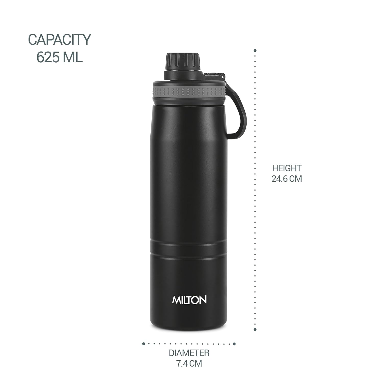 Milton Sparkle 600 Thermosteel Water Bottle with Easy Sip Cap and Handle, 625 ml, Vacuum Insulated Stainless Steel, Hot and Cold, On The Go Bottle for Office College, Black