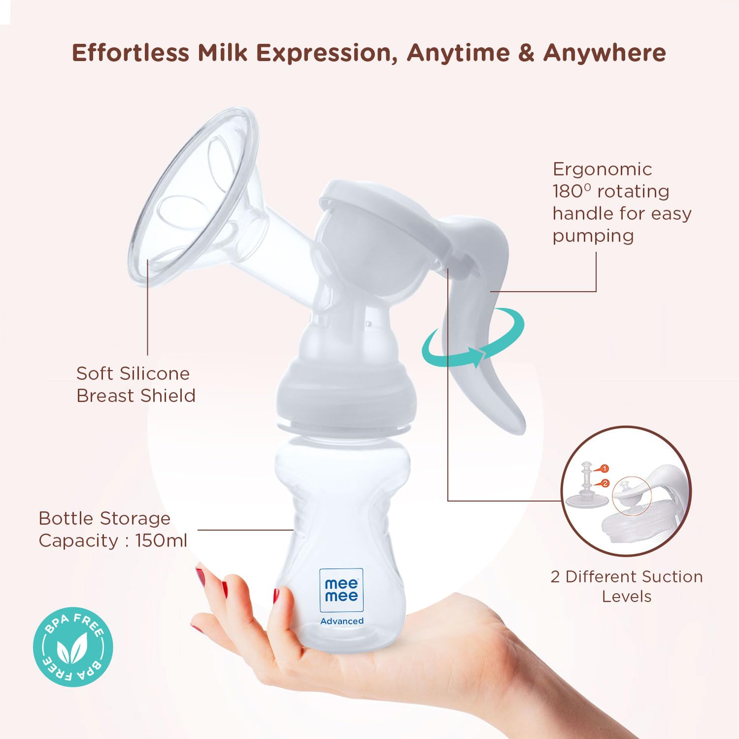 Mee Mee Advance Manual Breast Pump with 180° Rotating Handle | 2 Free Breast pads | BPA Free | Dual Suction Design