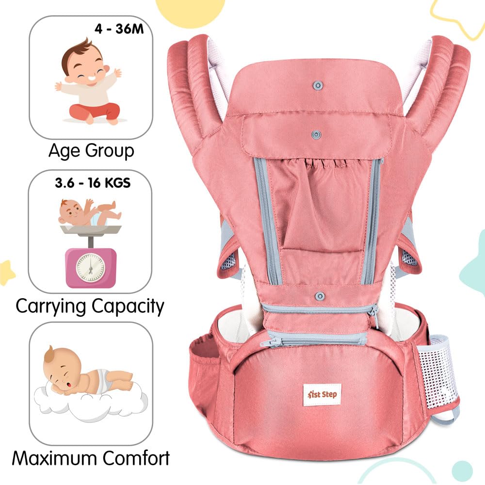 1st Step 5 in 1 Hip Seat Baby Carrier with 5 Carry Positions, Detachable Hip seat, Padded Waist Belt for 6 to 24 Months Baby, Adjustable New-Born to Toddler Carrier, Max Weight Up to 16 Kgs (Orange)