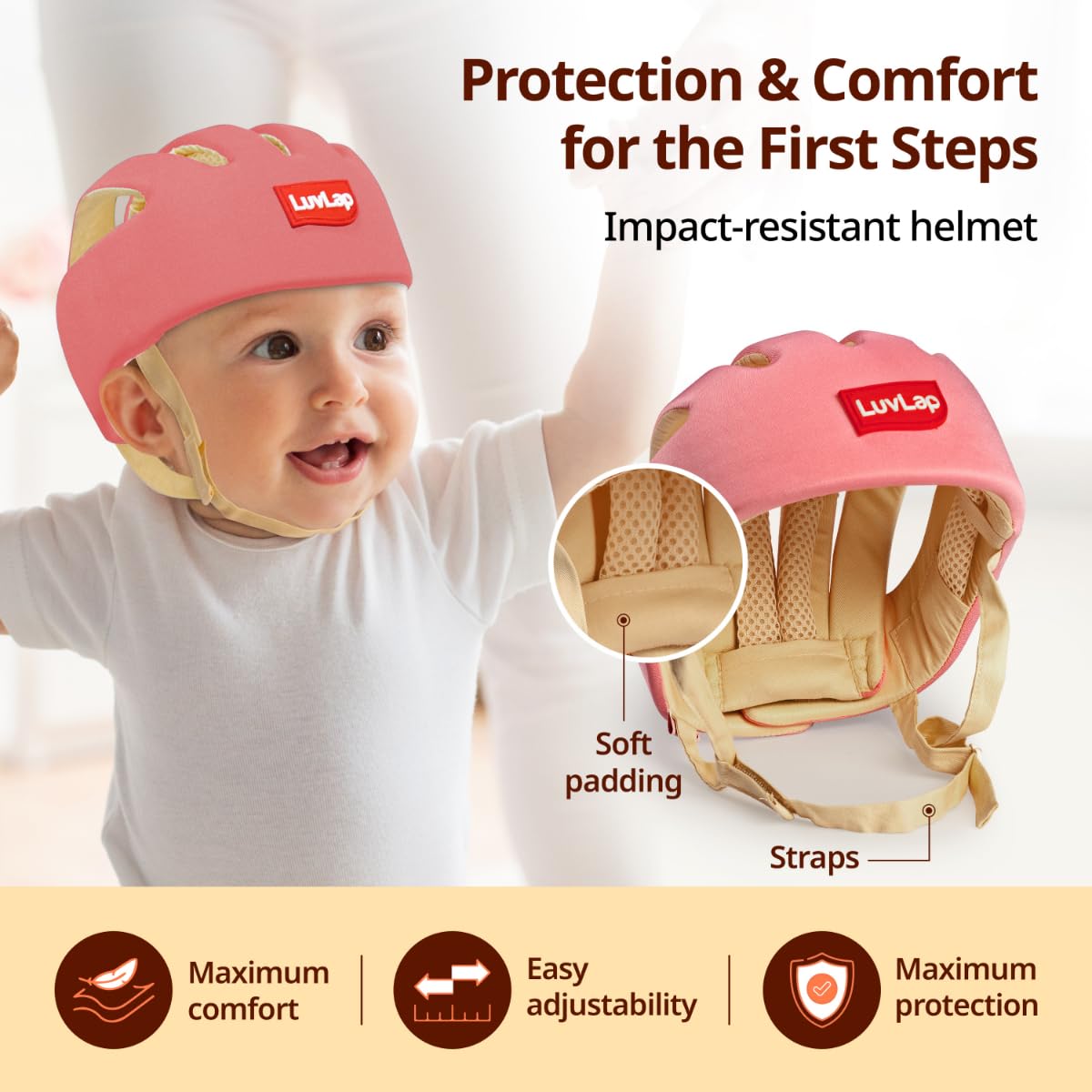 LuvLap Baby Safety Helmet - Essential Safety Gear for 6+ Months to 3 Years | Toddler Head Protector | Secure Fit & Comfort | Appealing Design | Lightweight | Proper Air Ventilation, Pink