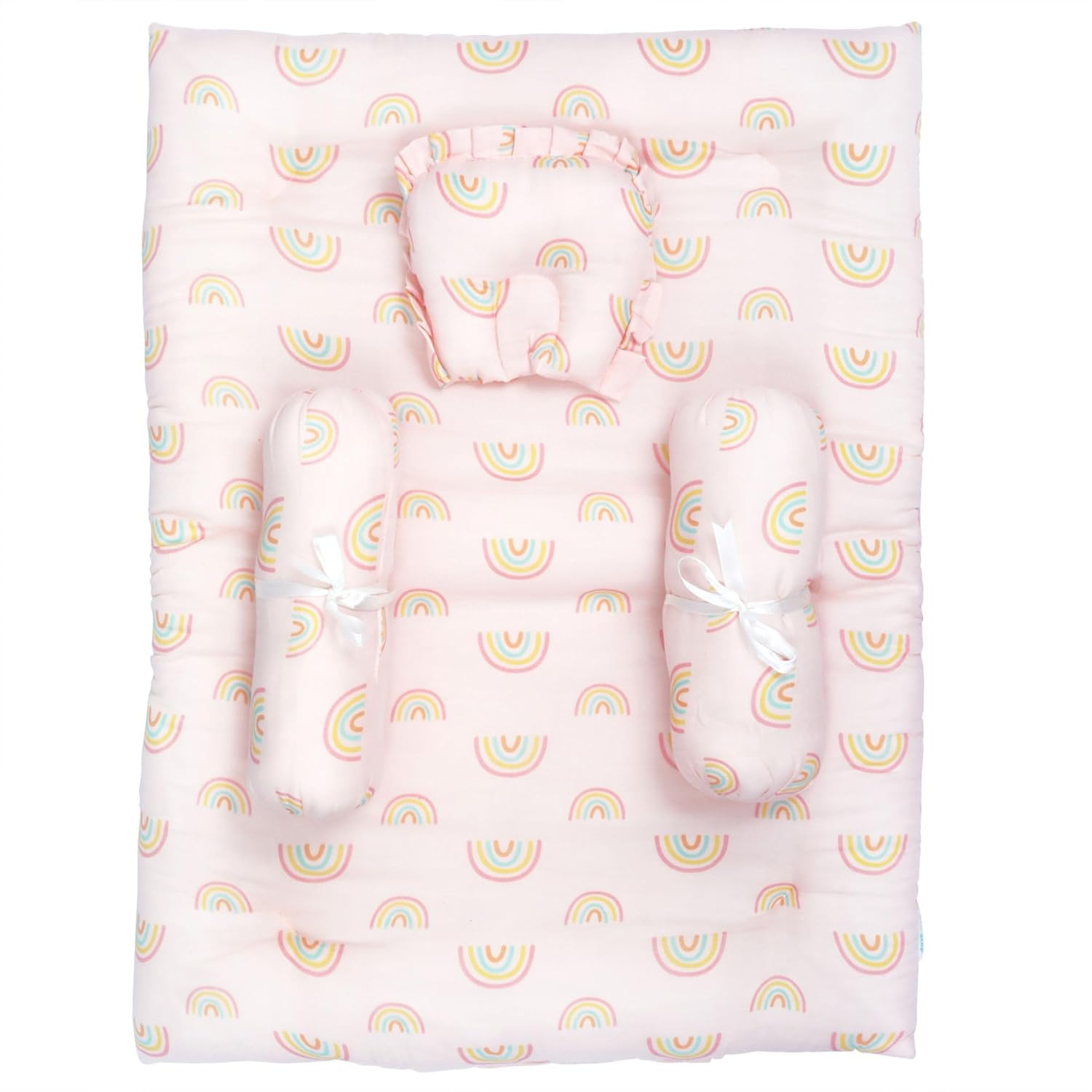 1ST STEP 100% Muslin Cotton Thick New Born Baby Bedding Mattress/Gadda Bed Set for Babies with 2 Side Bolster & Head Pillow (Orange)