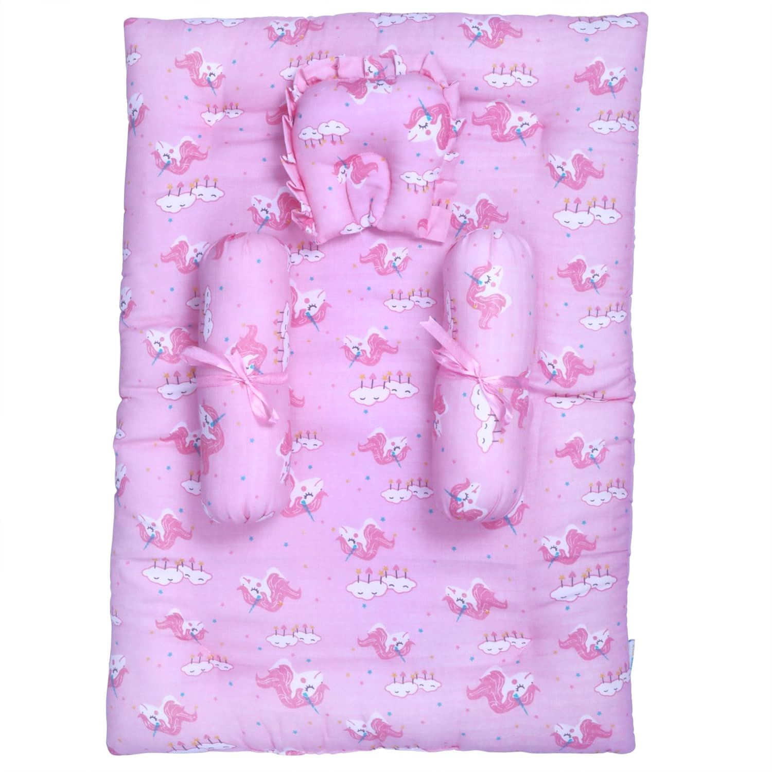 1ST STEP 100% Muslin Cotton Thick New Born Baby Bedding Mattress/Gadda Bed Set for Babies with 2 Side Bolster & Head Pillow (Pink)
