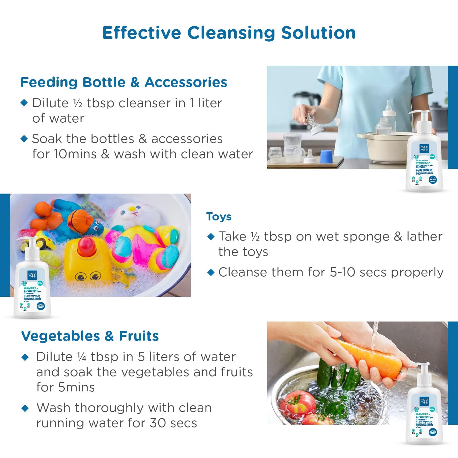 Mee Mee Baby Liquid Cleanser | Can Clean Everything That Your Baby Uses - Feeding bottle, Teats, Accessories, Toys, Fruits & Vegetables As Well (300ml) Free (10ml) Mild Laundry Detergent