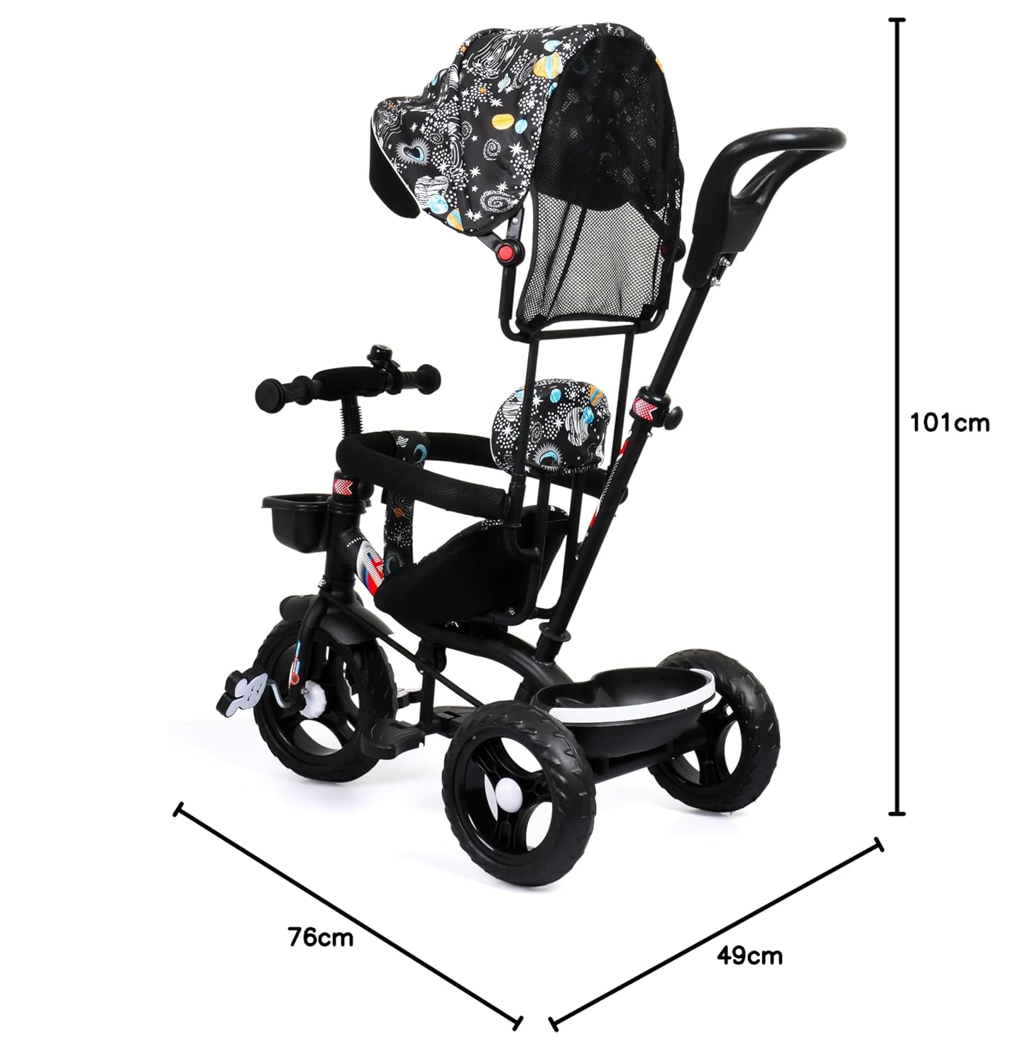 Apple Baby Galaxy Edition GT-500 Plug and Play Tricycle with Height Adjustable Parental Control | Kids Safety Belt | Foam Cushion Seat | for Age Group 2+ Years | Carring Capacity 30-KGS (Galaxy Black)