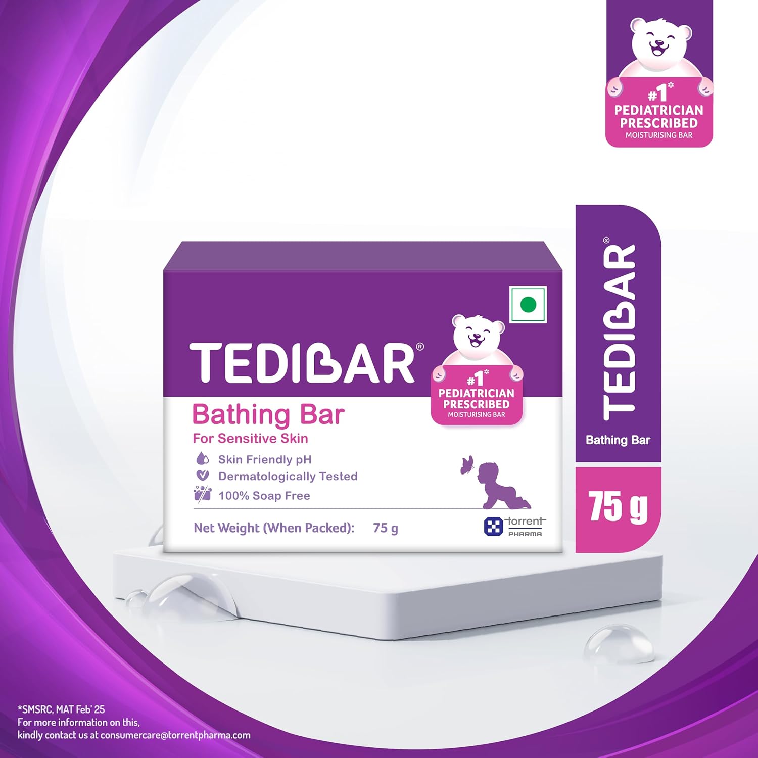 TediBar Bathing Bar for Sensitive Skin | Skin Friendly pH | Dermatologically Tested | 100% Soap Free - 75g (pack of 1)