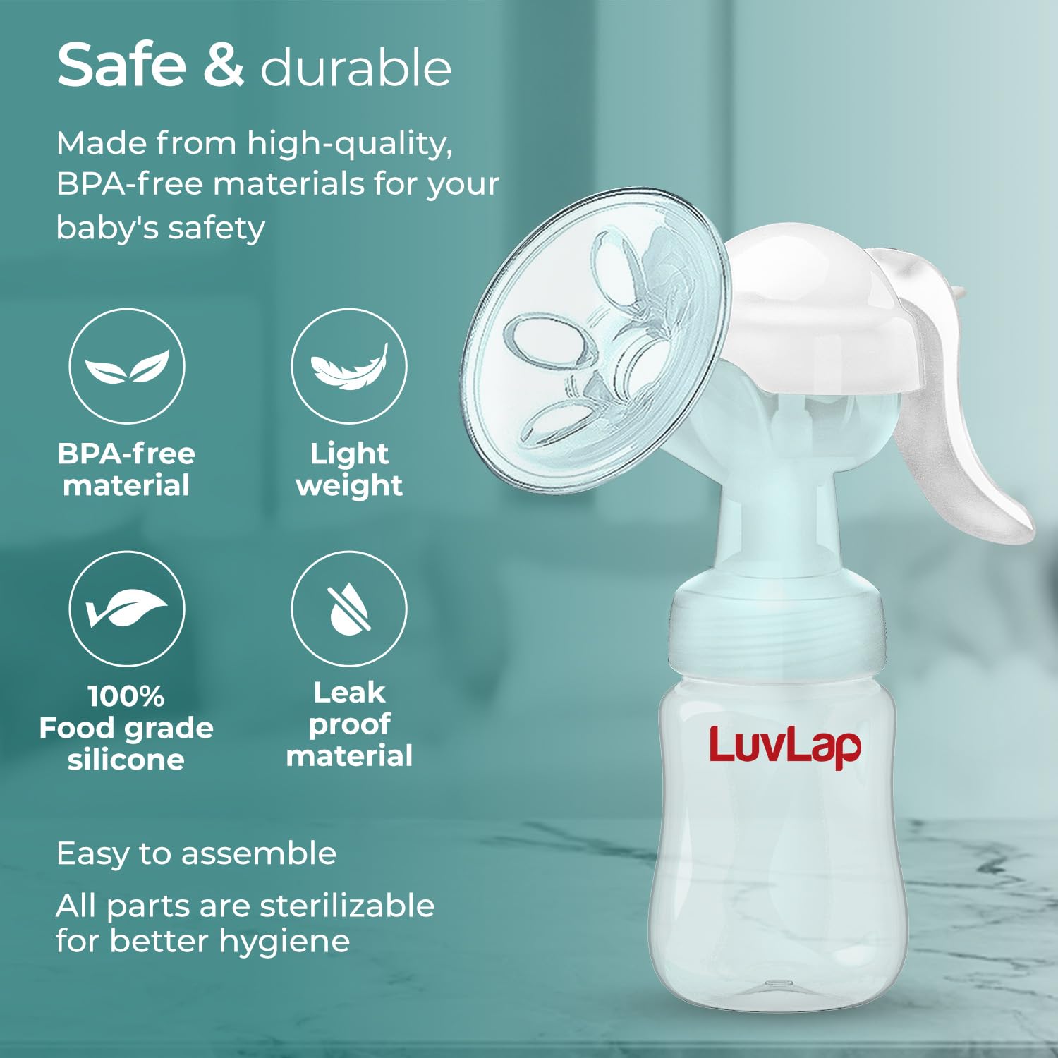 LuvLap Manual Breast Pump | Soft Massage Cushion Gentle On Skin | BPA Free | 2 Free Breast Pads