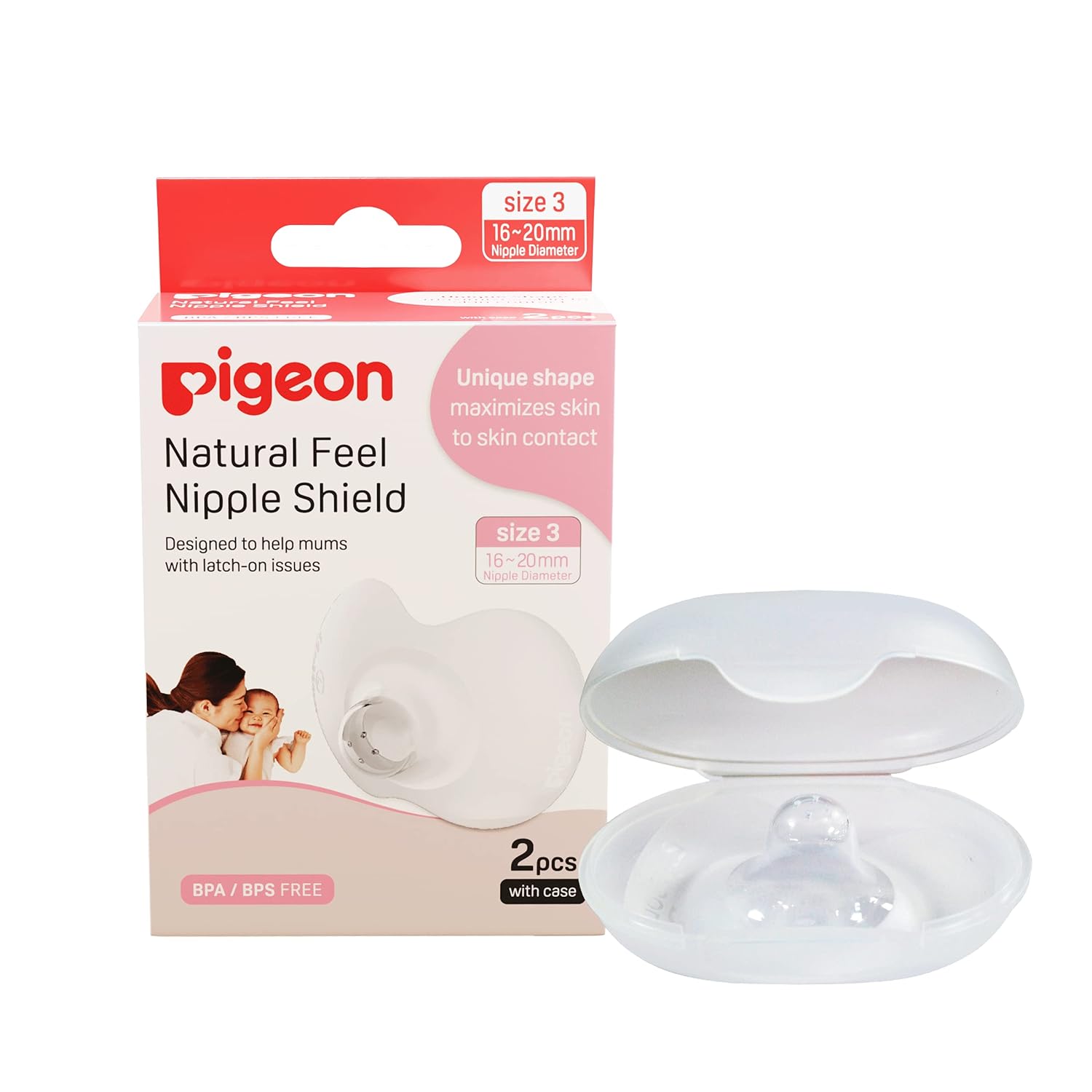 Pigeon Natural Feel Nipple Shield | Unique Shape Maximizes Skin To Skin Contact | Size 3 Below 16 - 20mm Nipple Diameter | BPA/BPS FREE - 2pc with case