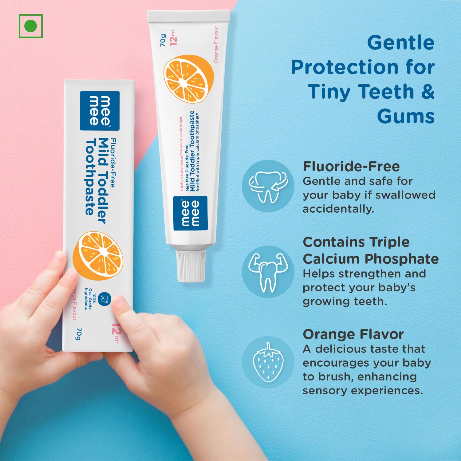 Mee Mee Fluoride - Free Mild Toddler Toothpaste with Triple Calcium Phosphate Orange Flavour 12M+ (70g)