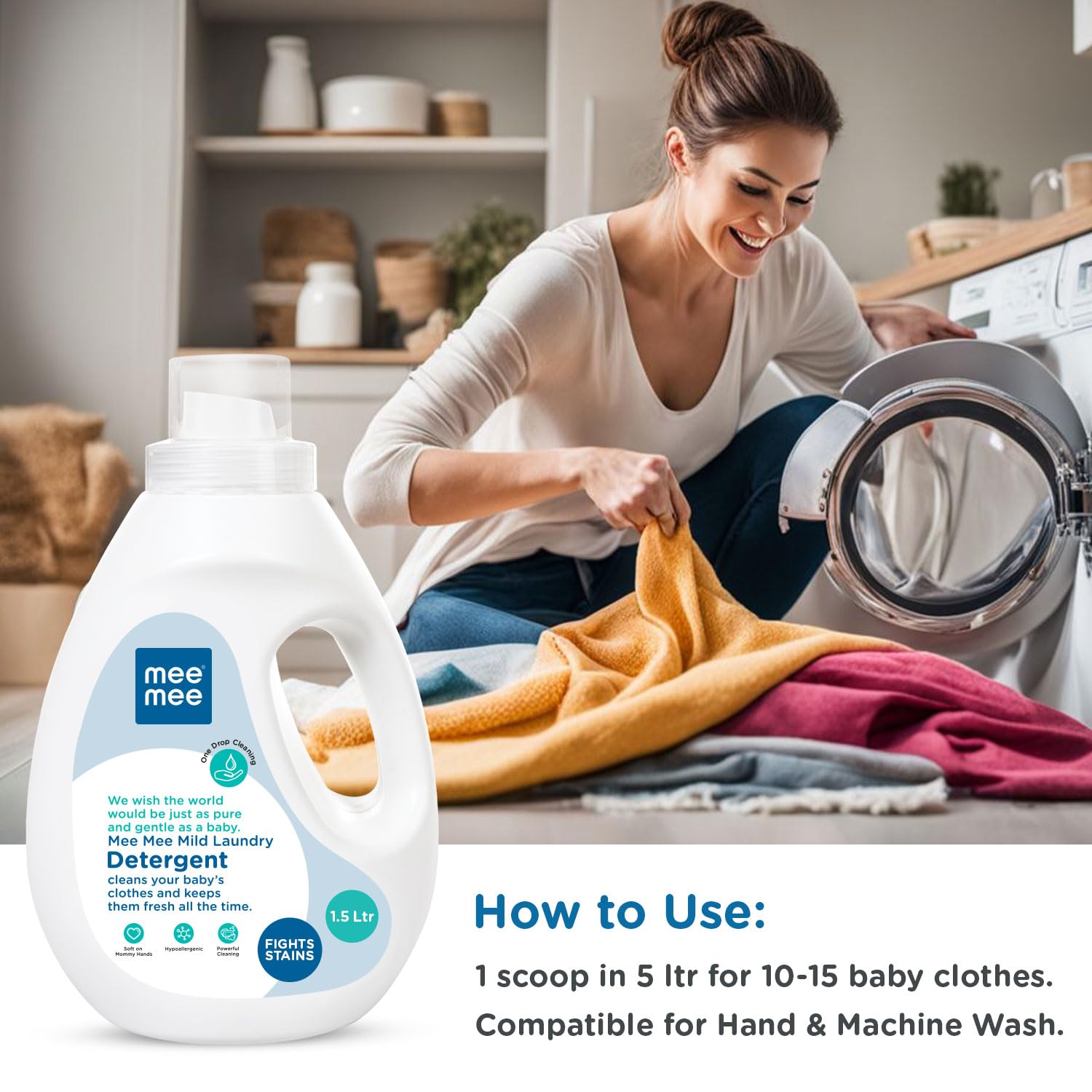 Mee Mee Mild Laundry Detergent Cleans Your Baby's Clothes & Keeps Them Fresh All The Time (1.5 Ltr) - Free 10ml Food Grade Cleanser
