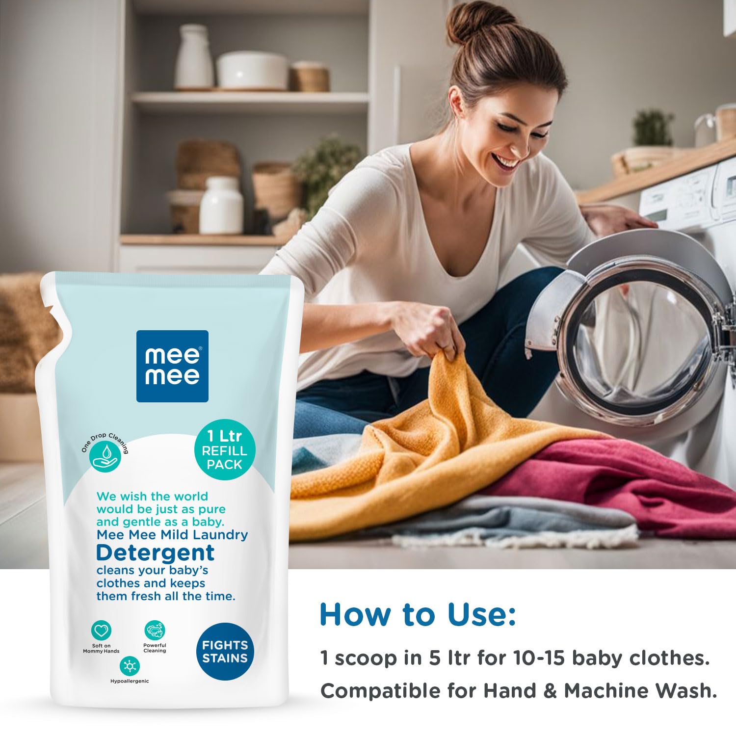 Mee Mee Mild Laundry Detergent Cleans Your Baby's Cloths and Keeps Them Fresh All the time | Fights Stains - 1 Ltr Refill Pack