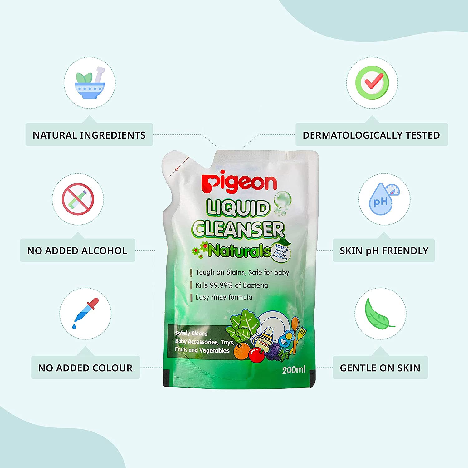 Pigeon Liquid Cleanser Natural safely cleans Baby Accessories, Toys, Fruit & Vegetables - 200ml Refill Pack