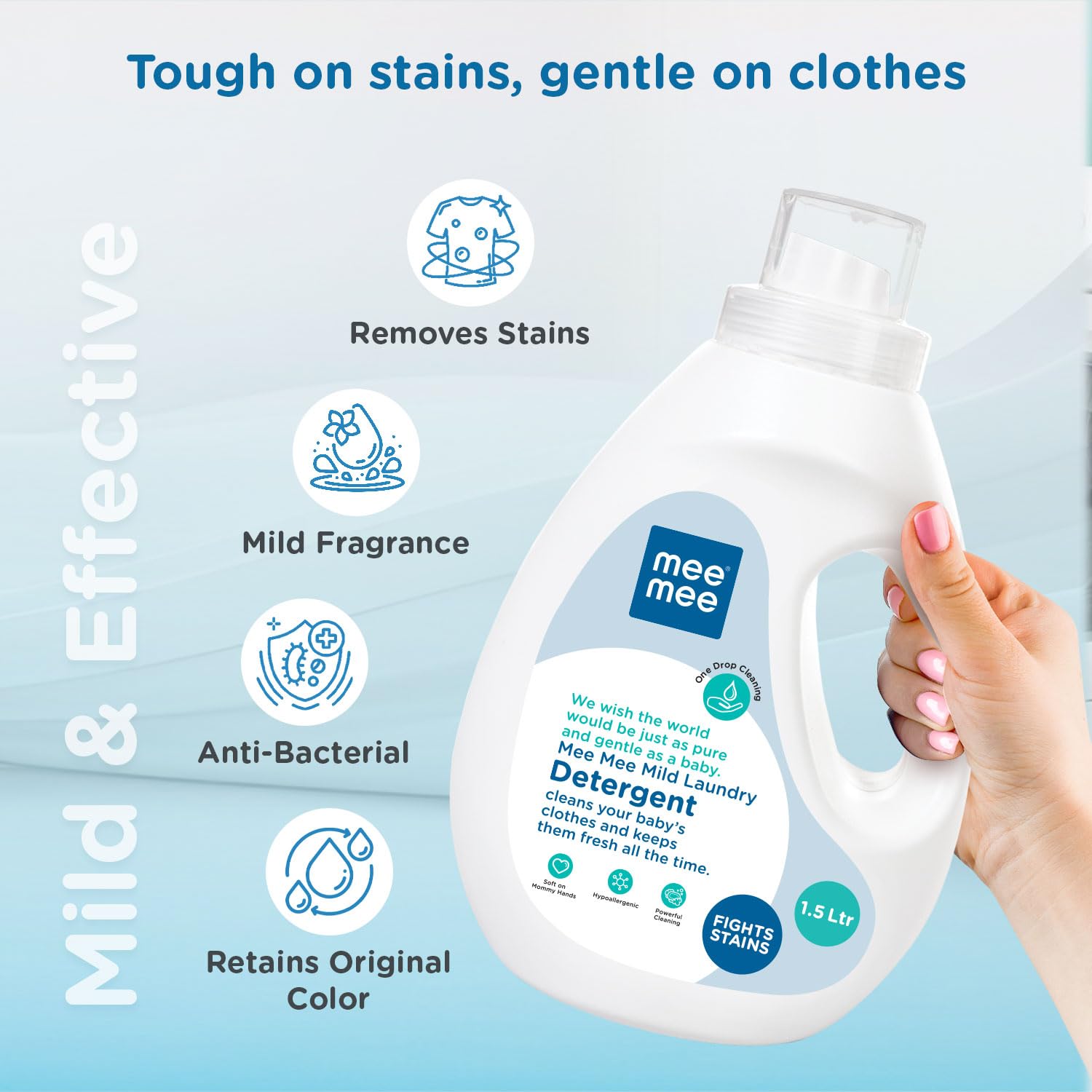 Mee Mee Mild Laundry Detergent Cleans Your Baby's Clothes & Keeps Them Fresh All The Time (1.5 Ltr) - Free 10ml Food Grade Cleanser