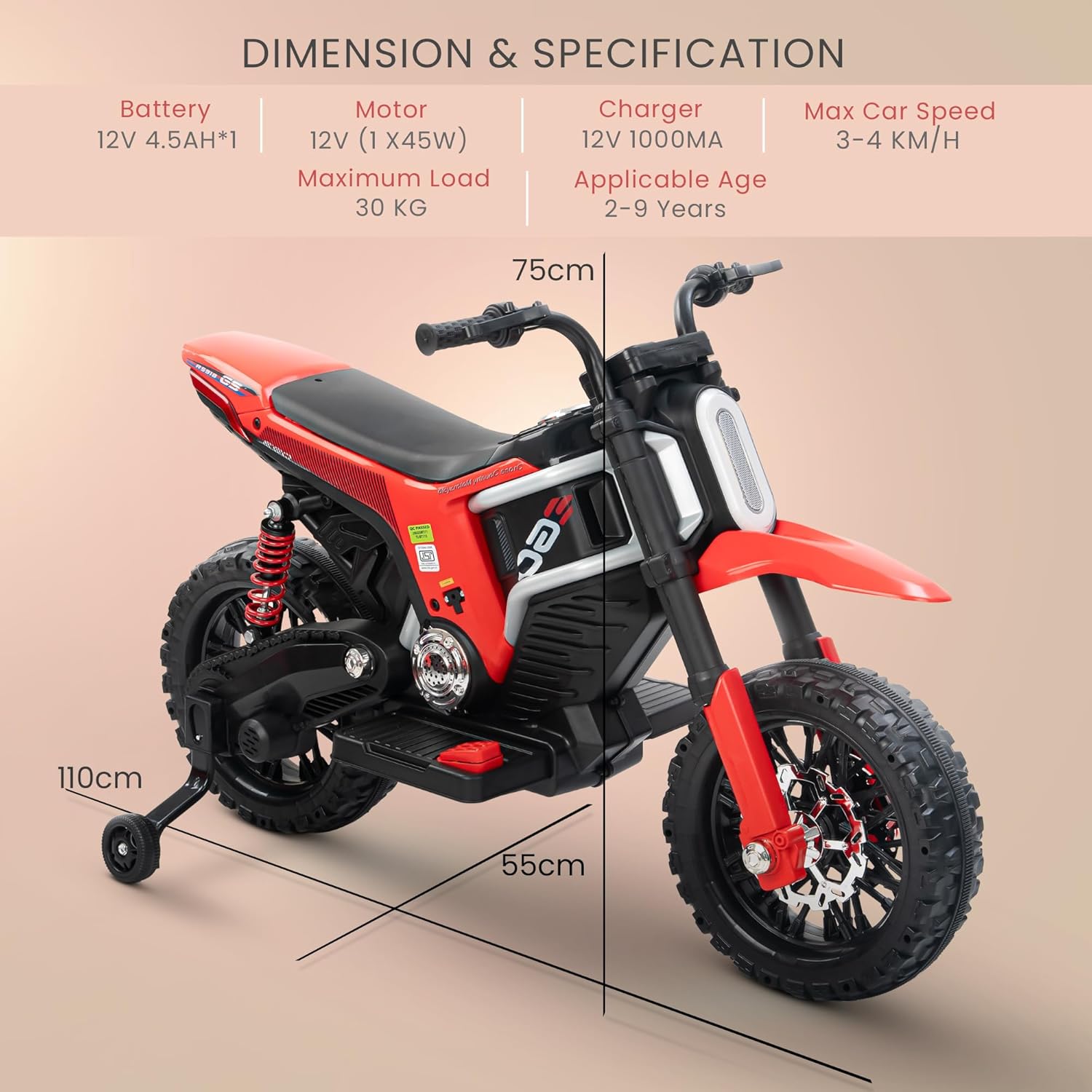 Baybee Motocross Electric Bike for Kids, Ride on Toys Kid's Bikes with LED Light & Music | Rechargeable Baby Bike | Battery Operated Bike for Kids to Drive 2 to 9 Years Boys Girl (Red)
